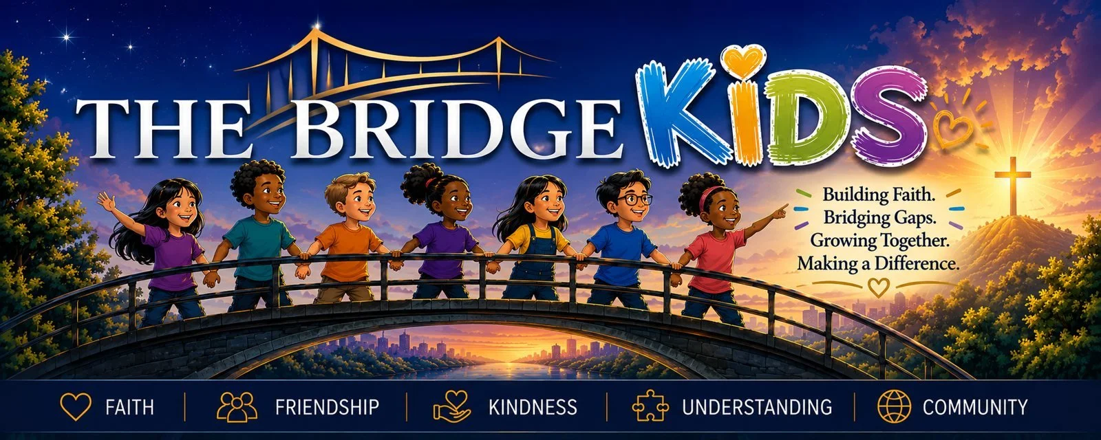 The Bridge Kids banner with kids holding hands across a bridge at sunset and a cross on the hill