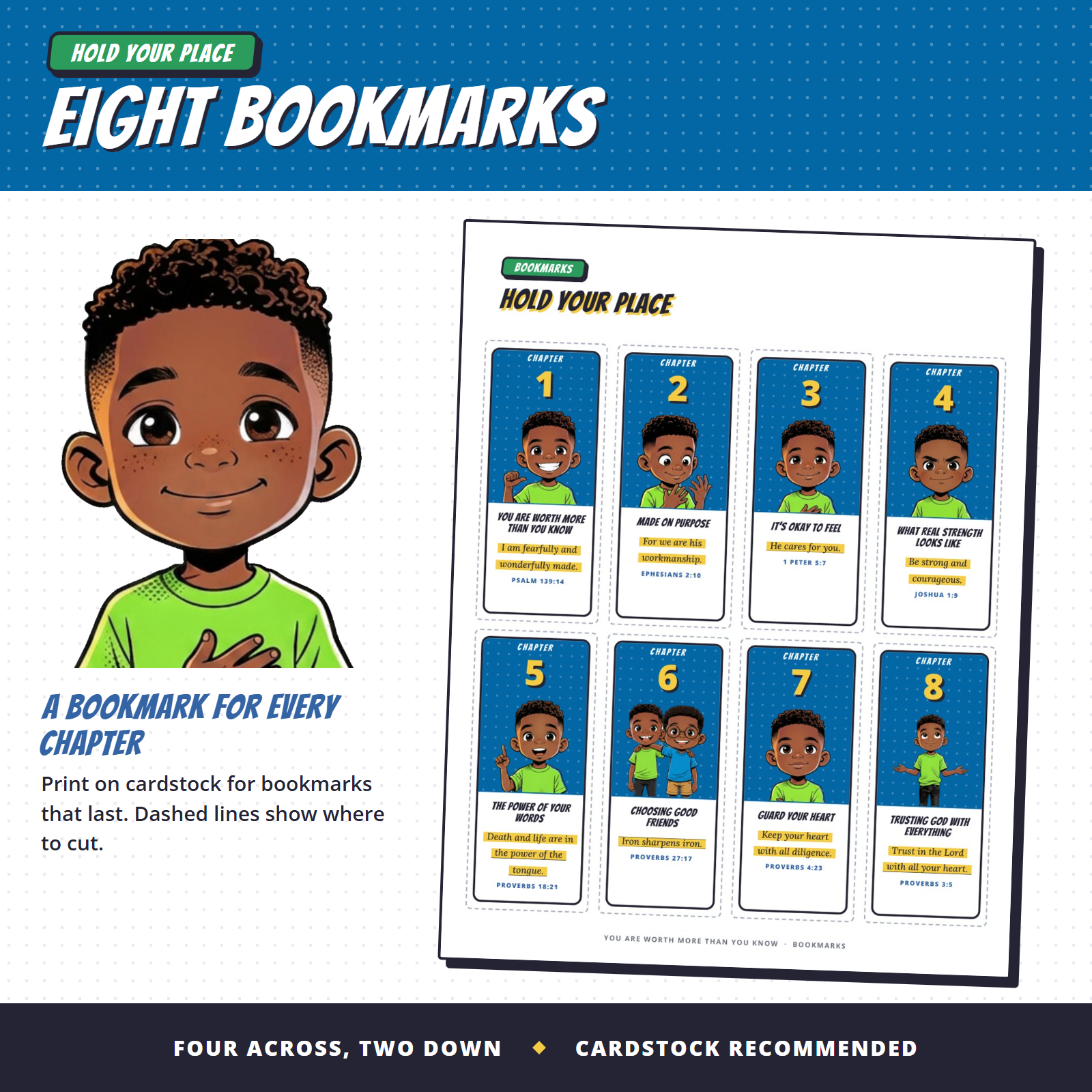 Eight printable bookmarks for boys, one per chapter, with Caleb and a memory verse on each