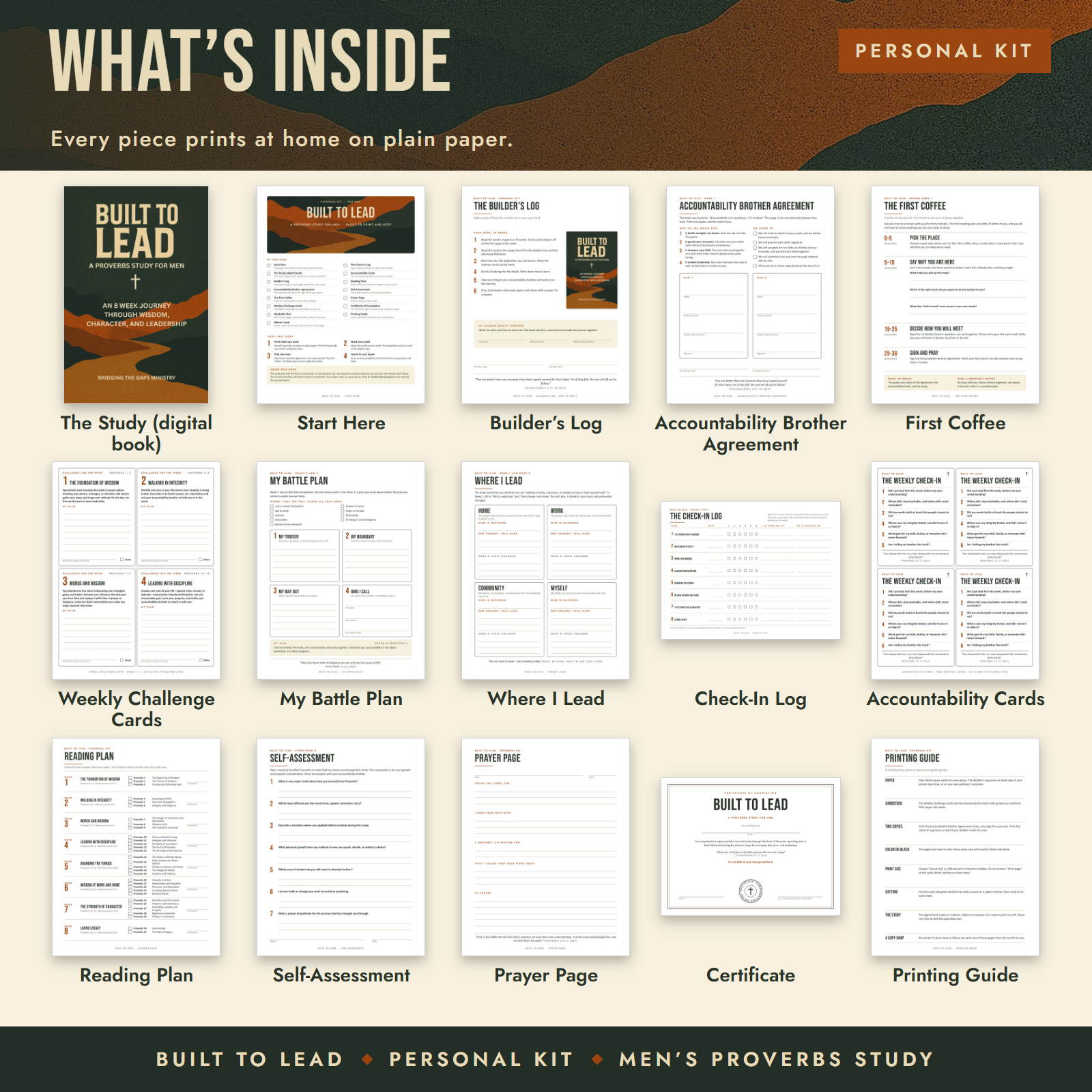 Contents of the Built to Lead Personal Kit: thumbnails of every piece with its name underneath.