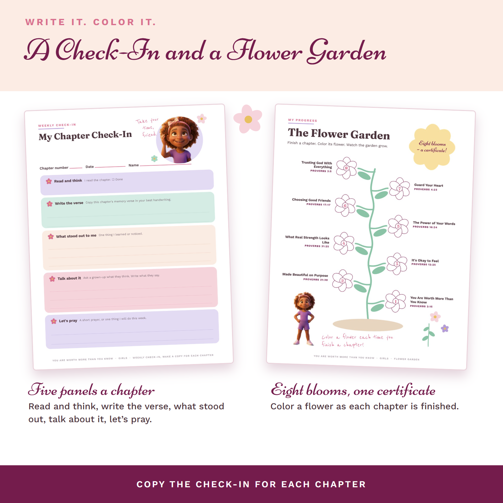 Weekly check-in page and flower garden progress page to color, one bloom for each of the eight chapters