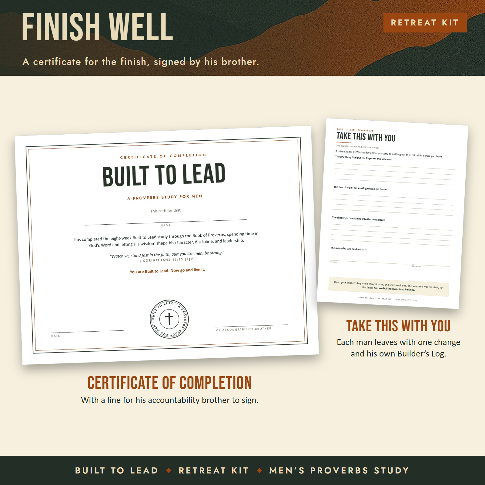 The Certificate of Completion with a line for his accountability brother to sign, beside the take this with you page.