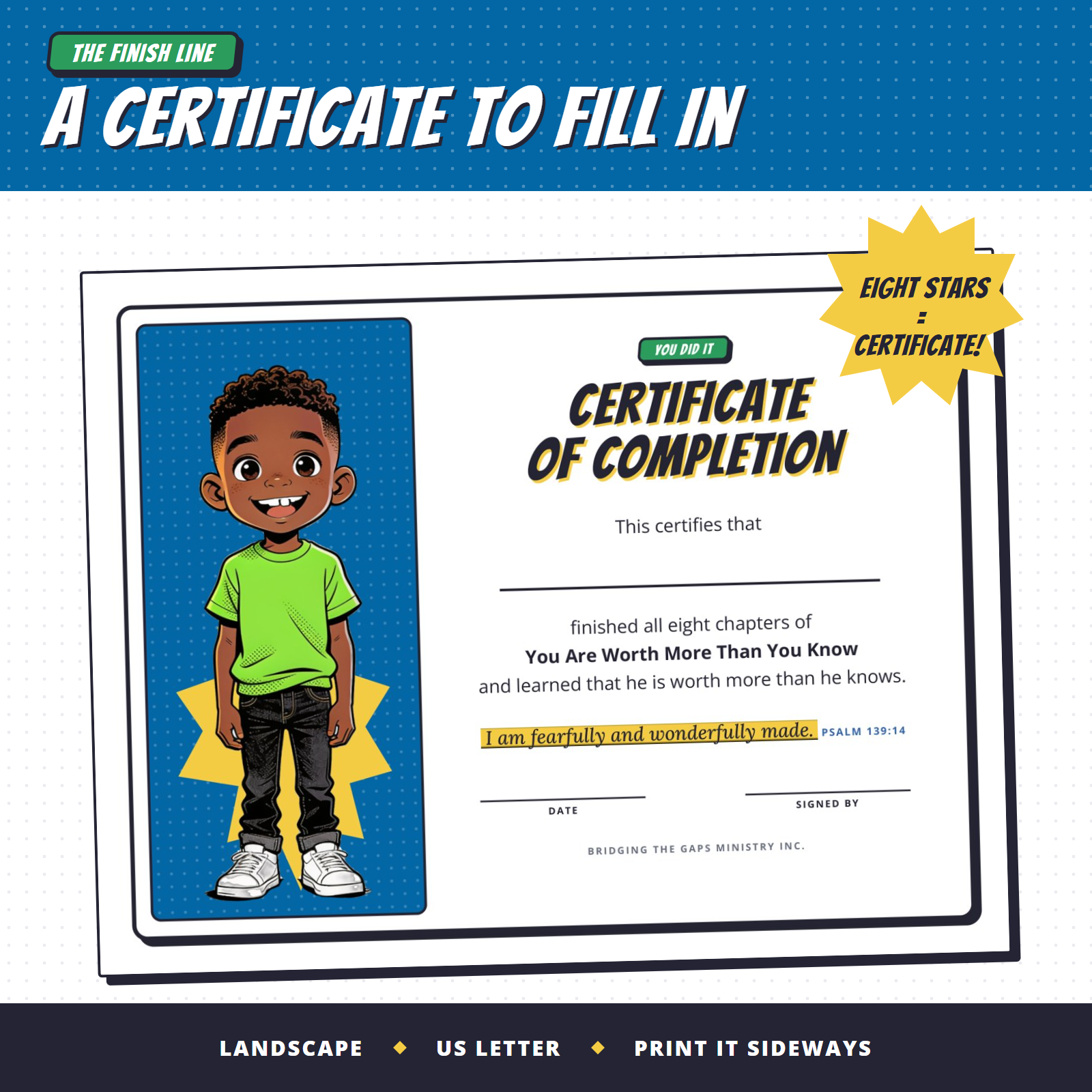 Printable certificate of completion with Caleb, to fill in when a boy finishes all eight chapters