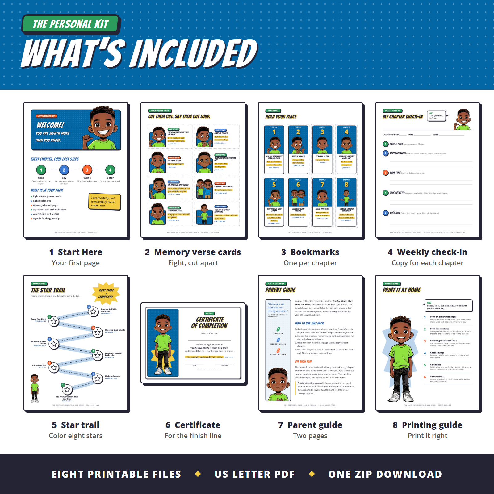 Boys Personal Kit, what's included: eight printable files including verse cards, bookmarks, check-in page, star trail, certificate and guides