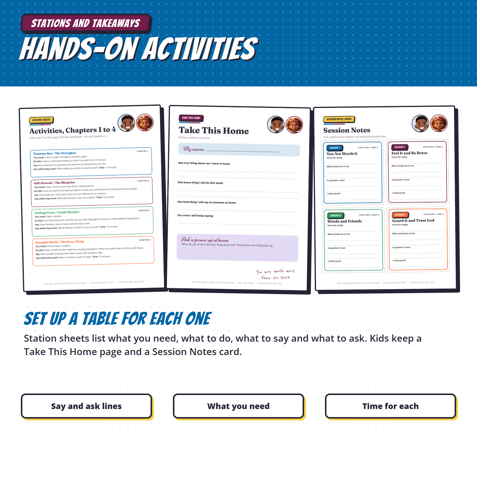 Station sheets with say and ask lines, a Take This Home page and Session Notes cards