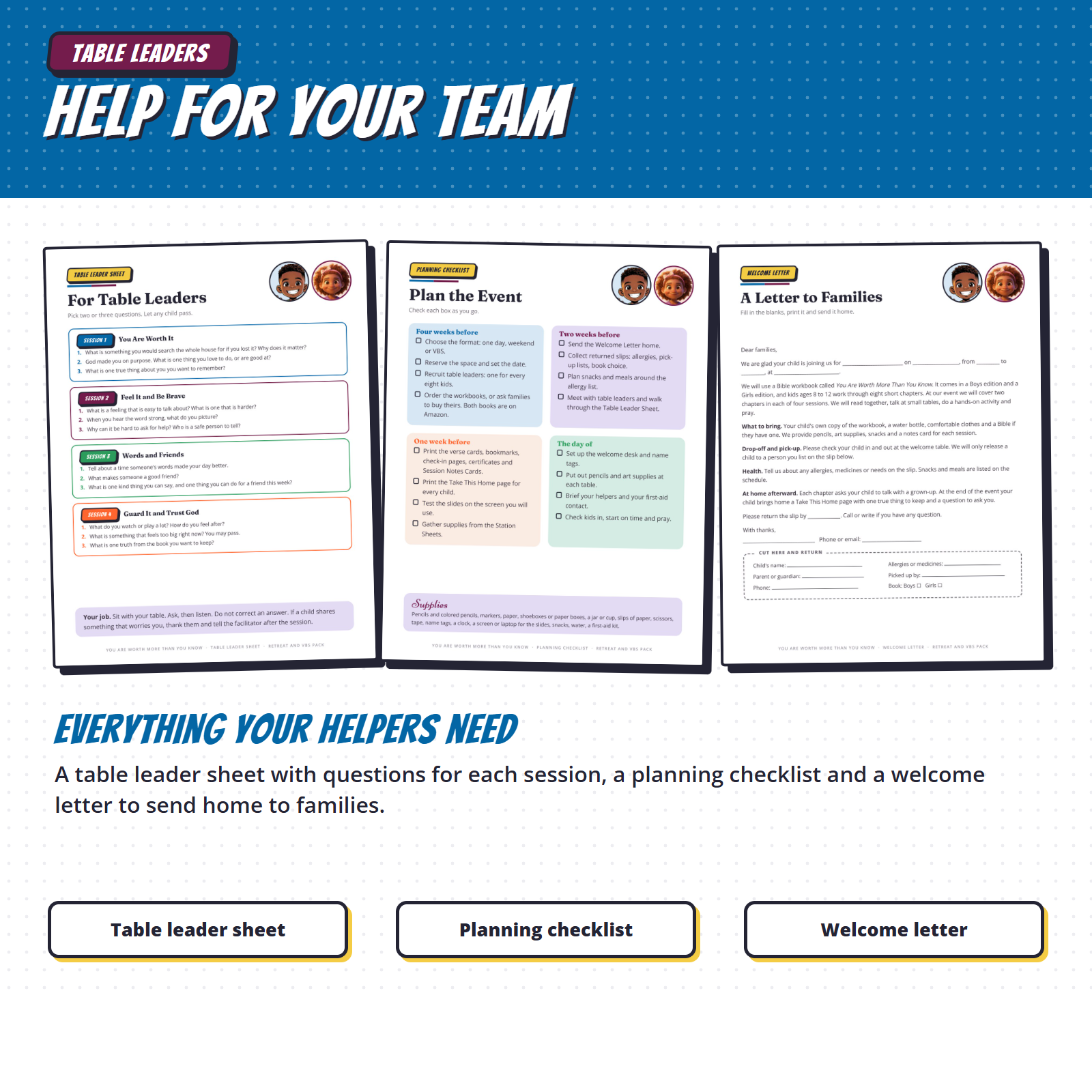 Table leader sheet, planning checklist and welcome letter for families