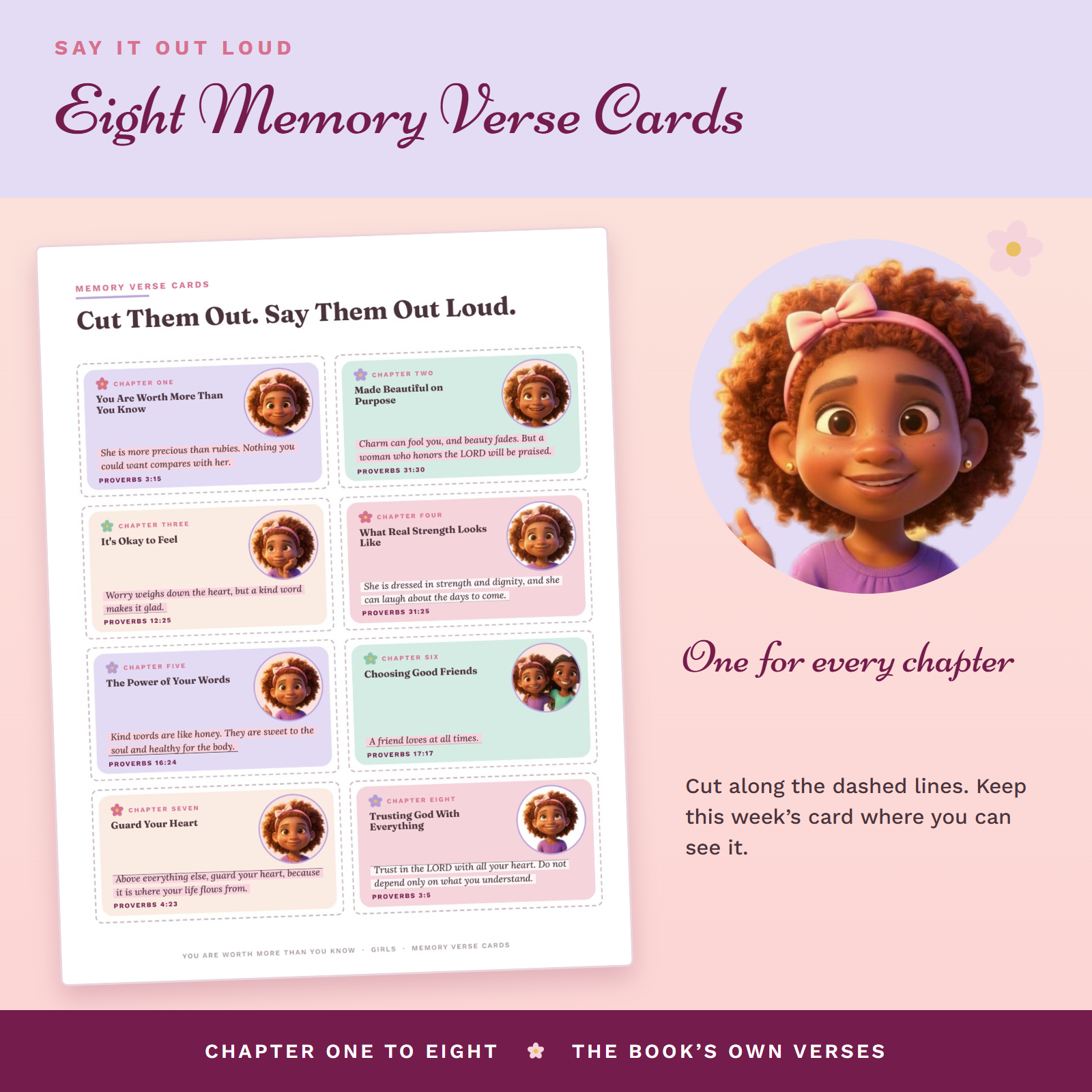 Eight memory verse cards for girls on one printable page, with Gracie and the book's own verses