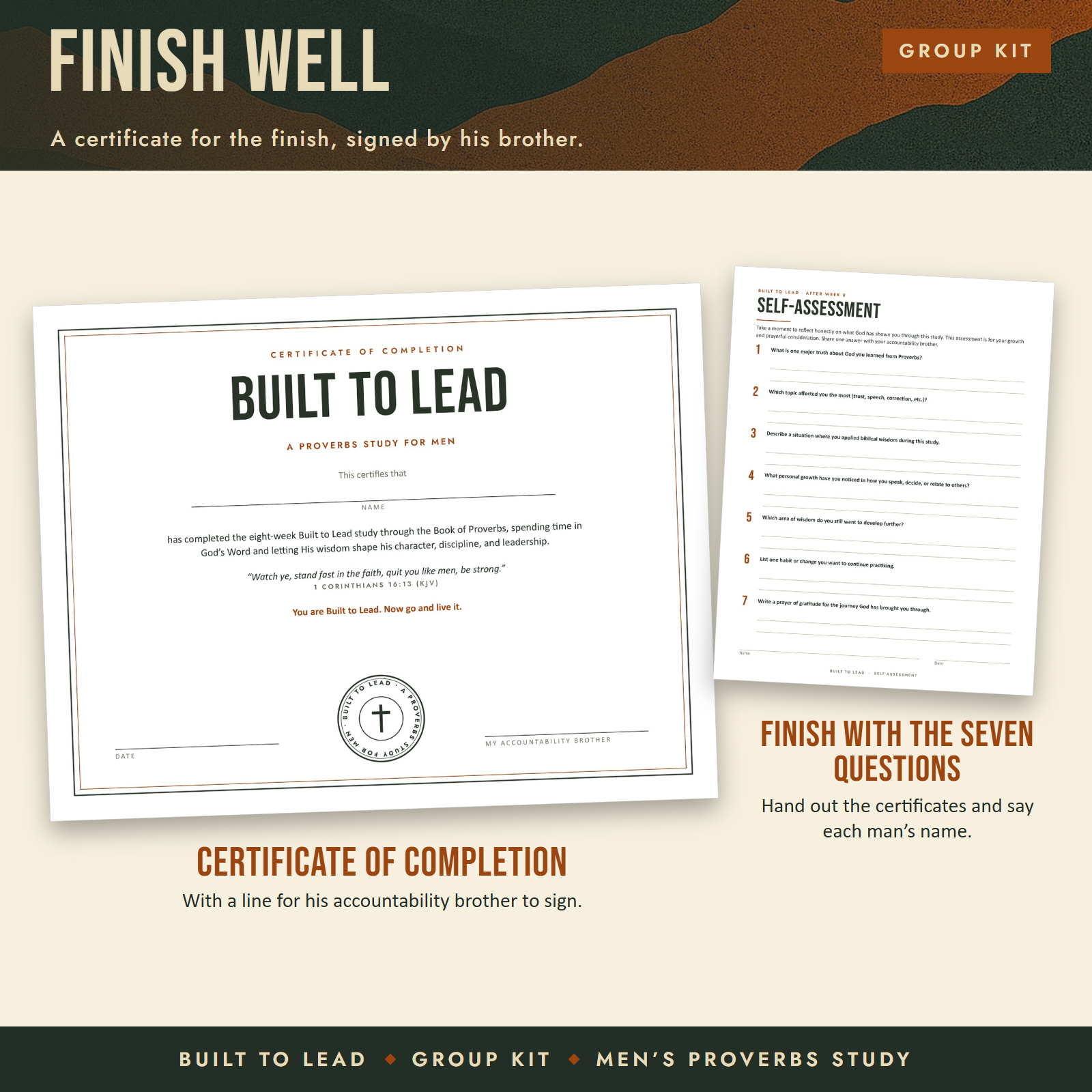 The Certificate of Completion with a line for his accountability brother to sign, beside the finish with the seven questions page.