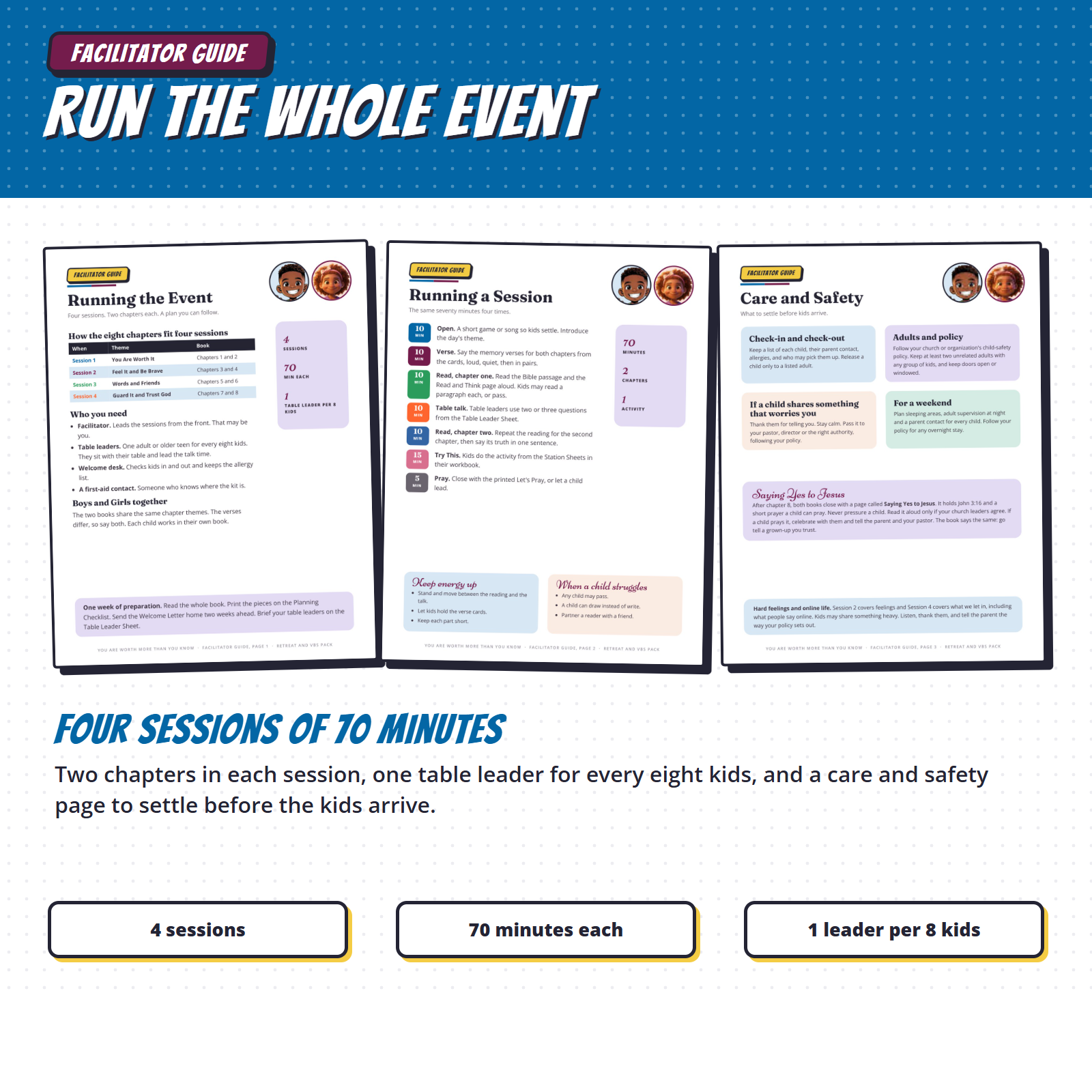 Facilitator guide pages for four 70-minute sessions, with a care and safety page