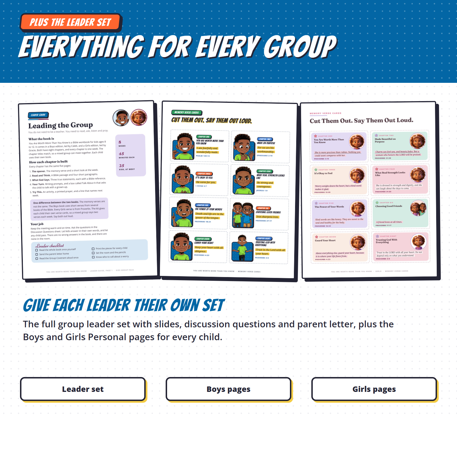 Group leader guide and the Boys and Girls memory verse cards included with the Church Kit