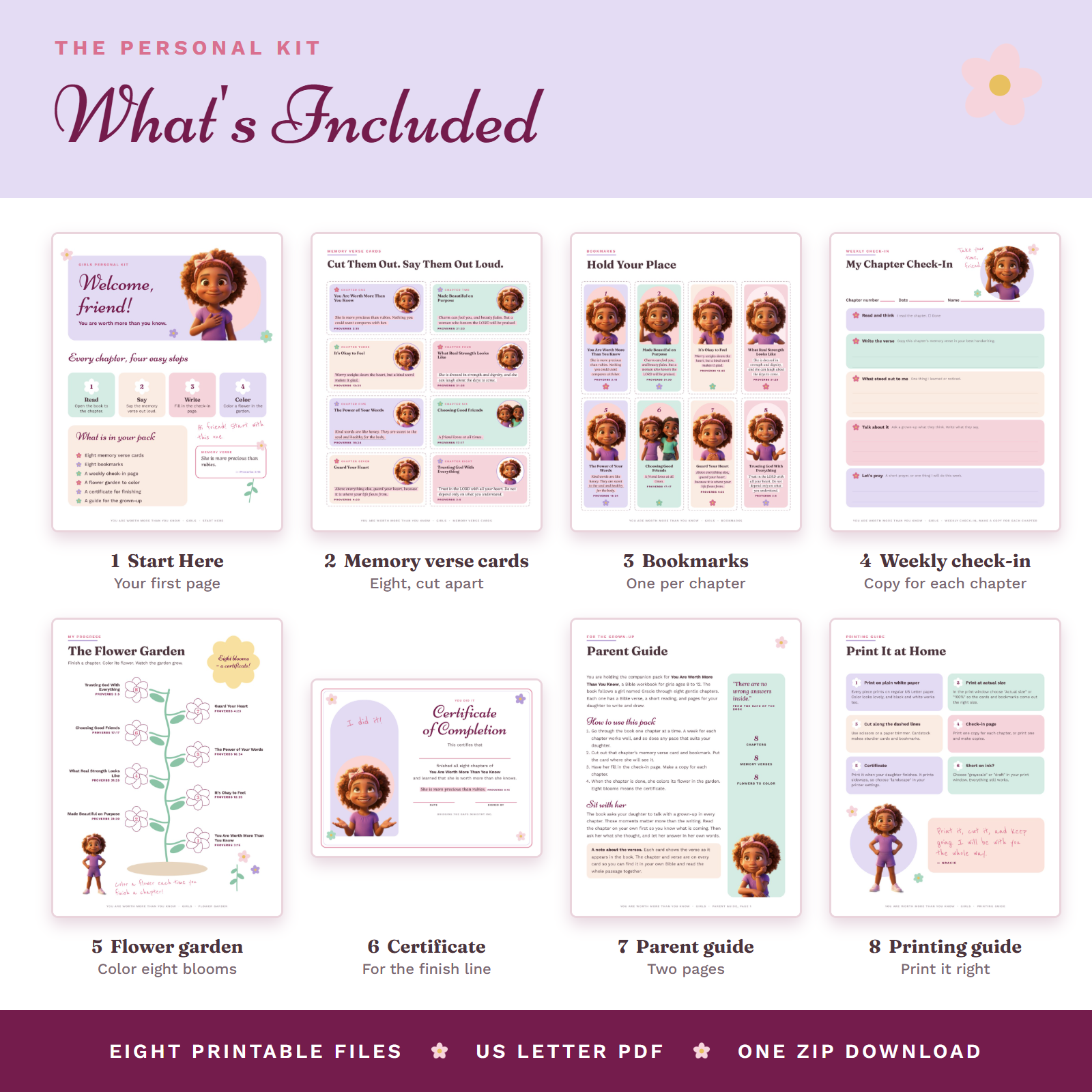 Girls Personal Kit, what's included: eight printable files including verse cards, bookmarks, check-in page, flower garden, certificate and guides
