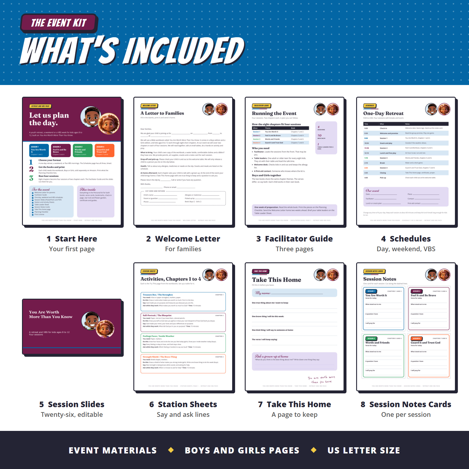 Kids Retreat and VBS Kit, what's included: welcome letter, facilitator guide, schedules, session slides, station sheets and notes cards
