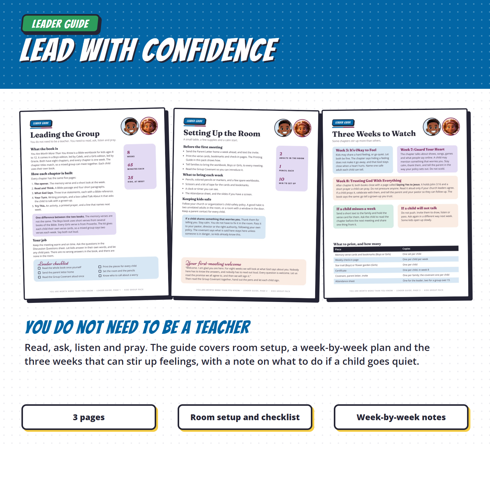 Leader guide pages with room setup, a week-by-week plan and a note on what to do when a child goes quiet