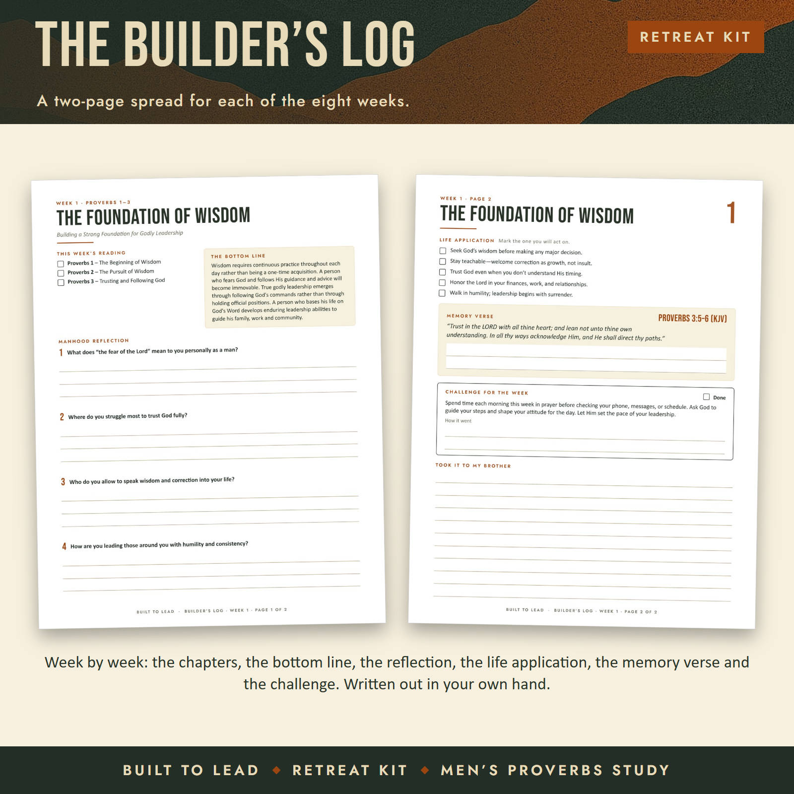 The Built to Lead Builder’s Log open to the first week, two printable pages side by side.