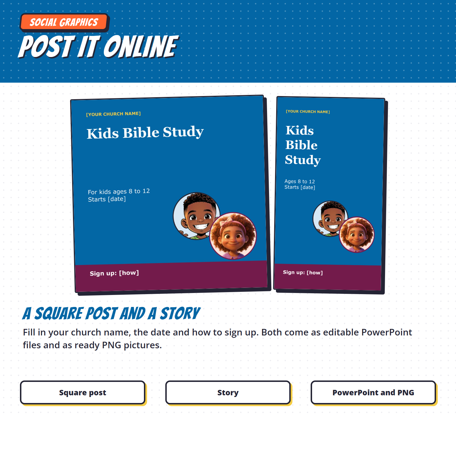 Editable square post and story graphics for your church's social media