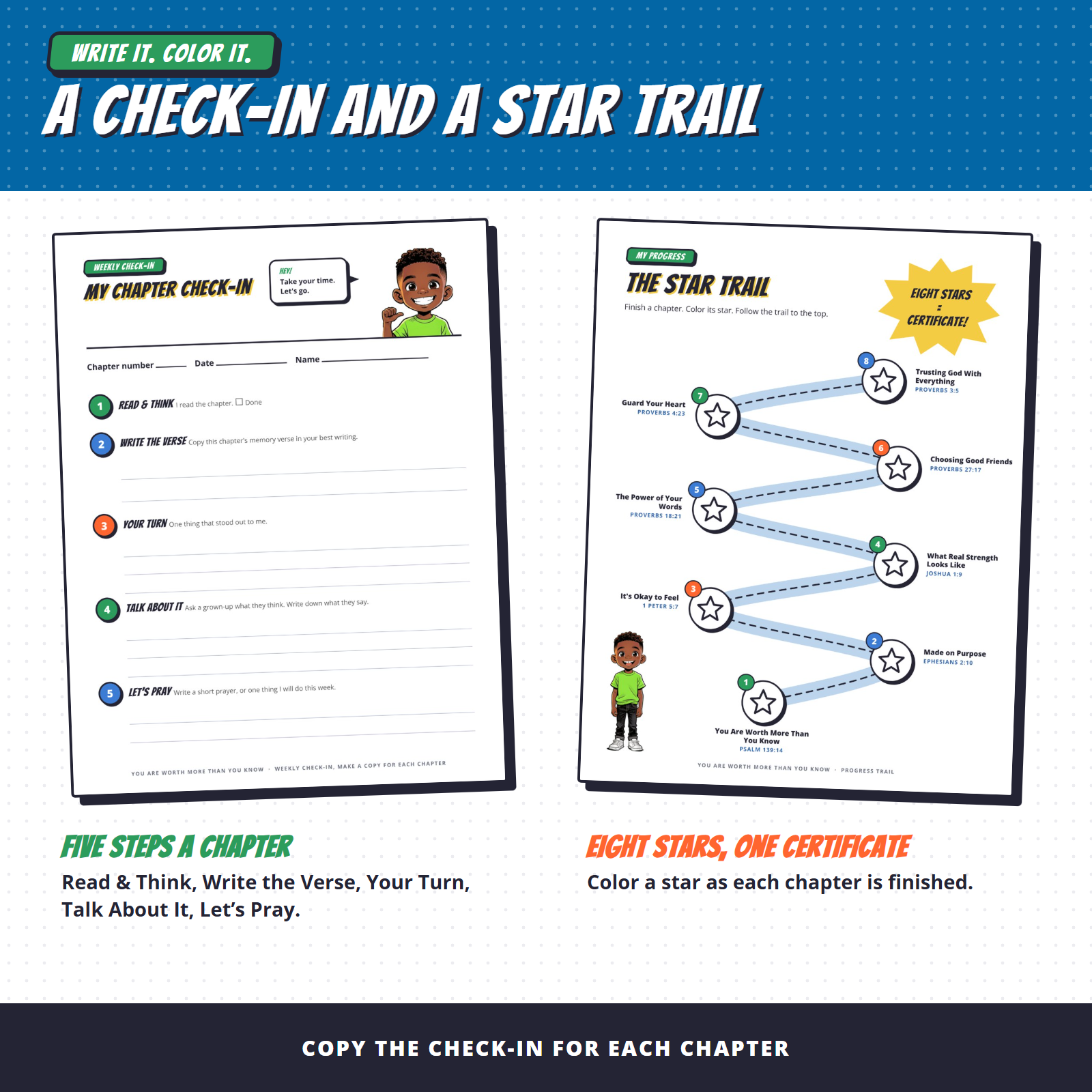 Weekly check-in page and star trail progress page to color, one star for each of the eight chapters