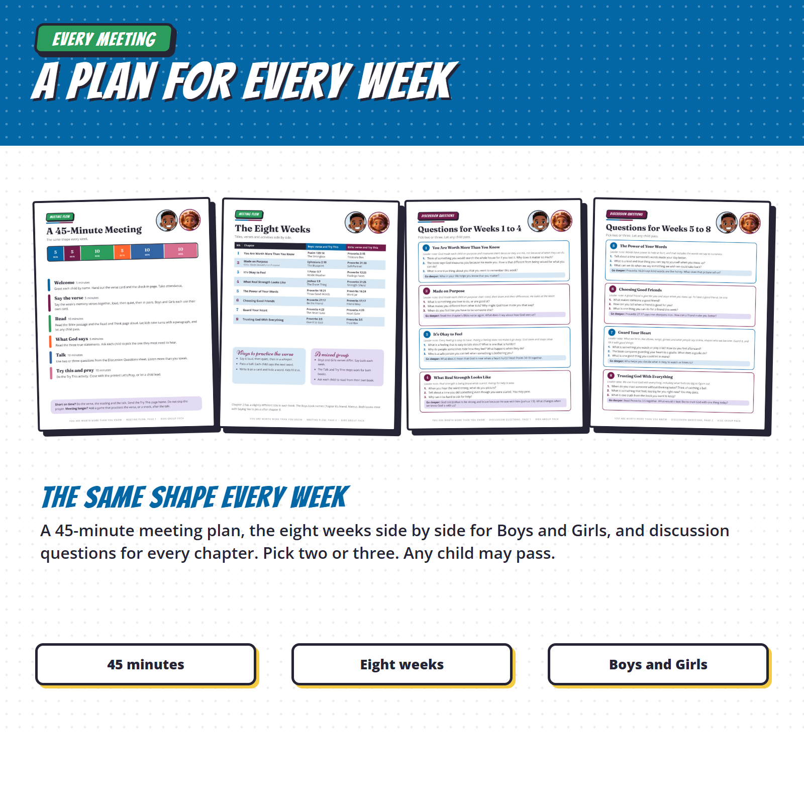 A 45-minute meeting plan, the eight weeks for Boys and Girls side by side, and discussion questions for every chapter