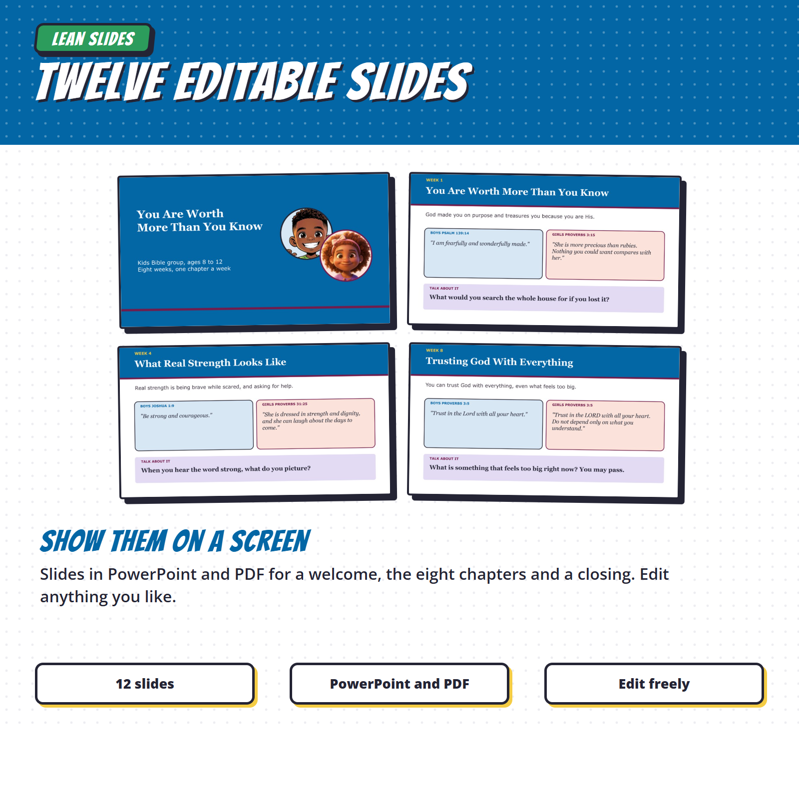 Twelve editable slides in PowerPoint and PDF for a kids' Bible study group
