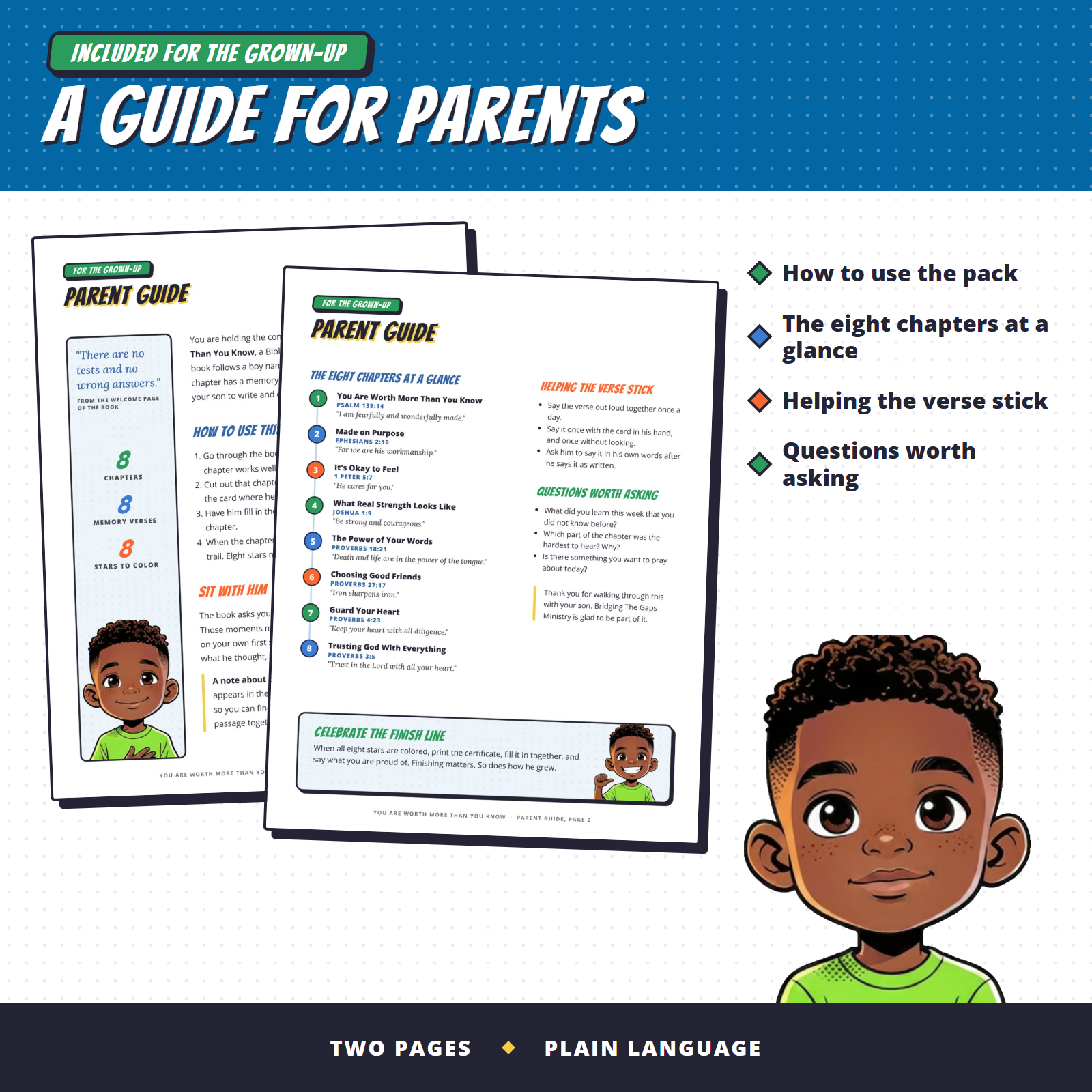 Two-page parent guide for the Boys Personal Kit: how to use the pack, the eight chapters, and questions to ask