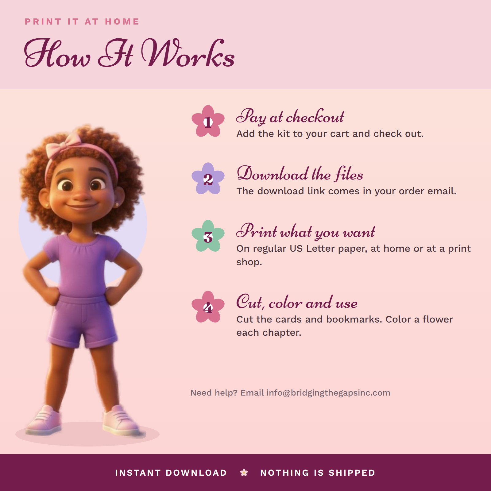 How it works: pay at checkout, download the files, print on Letter or A4 paper, then cut, color and use
