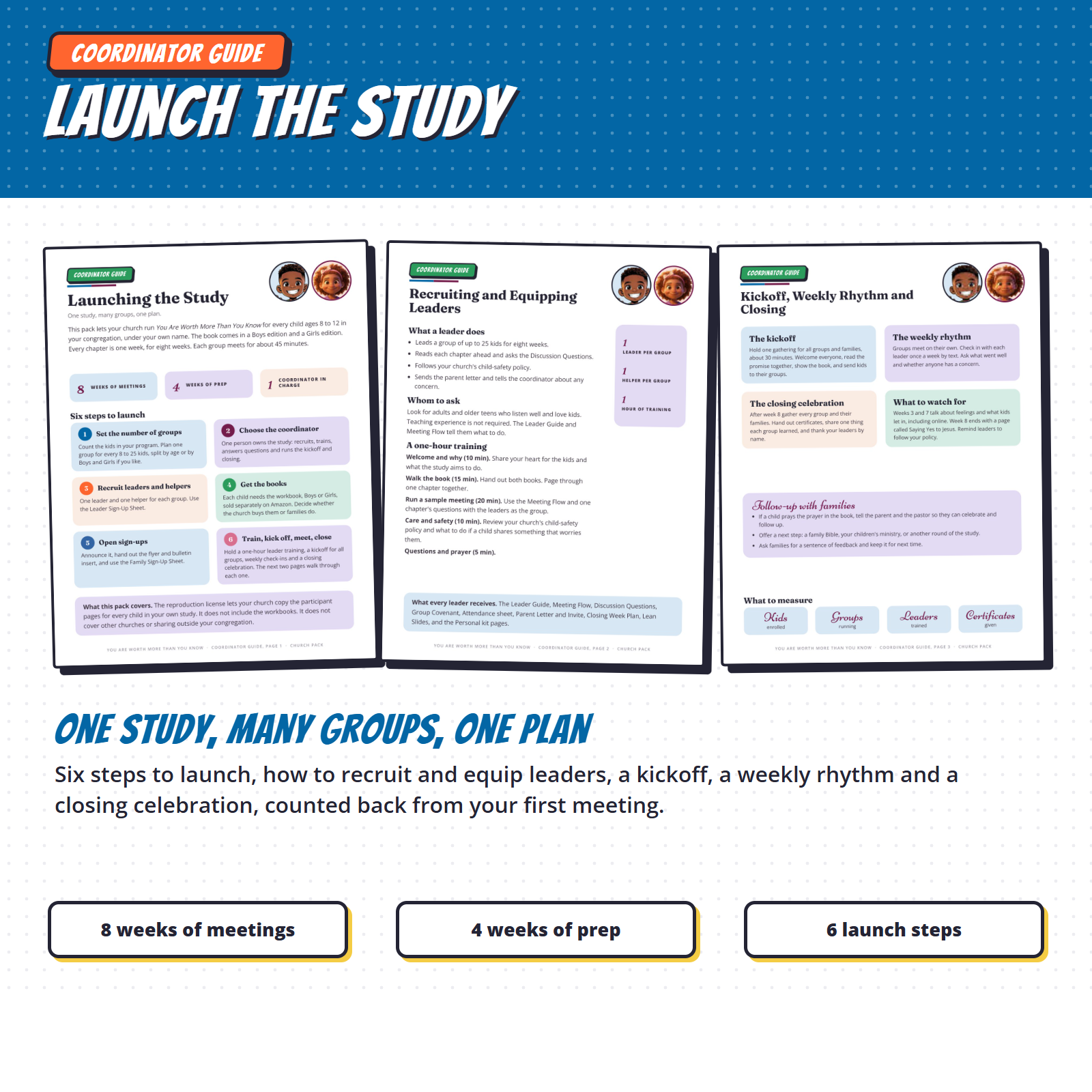 Coordinator guide pages with six launch steps, leader recruiting, kickoff and closing celebration