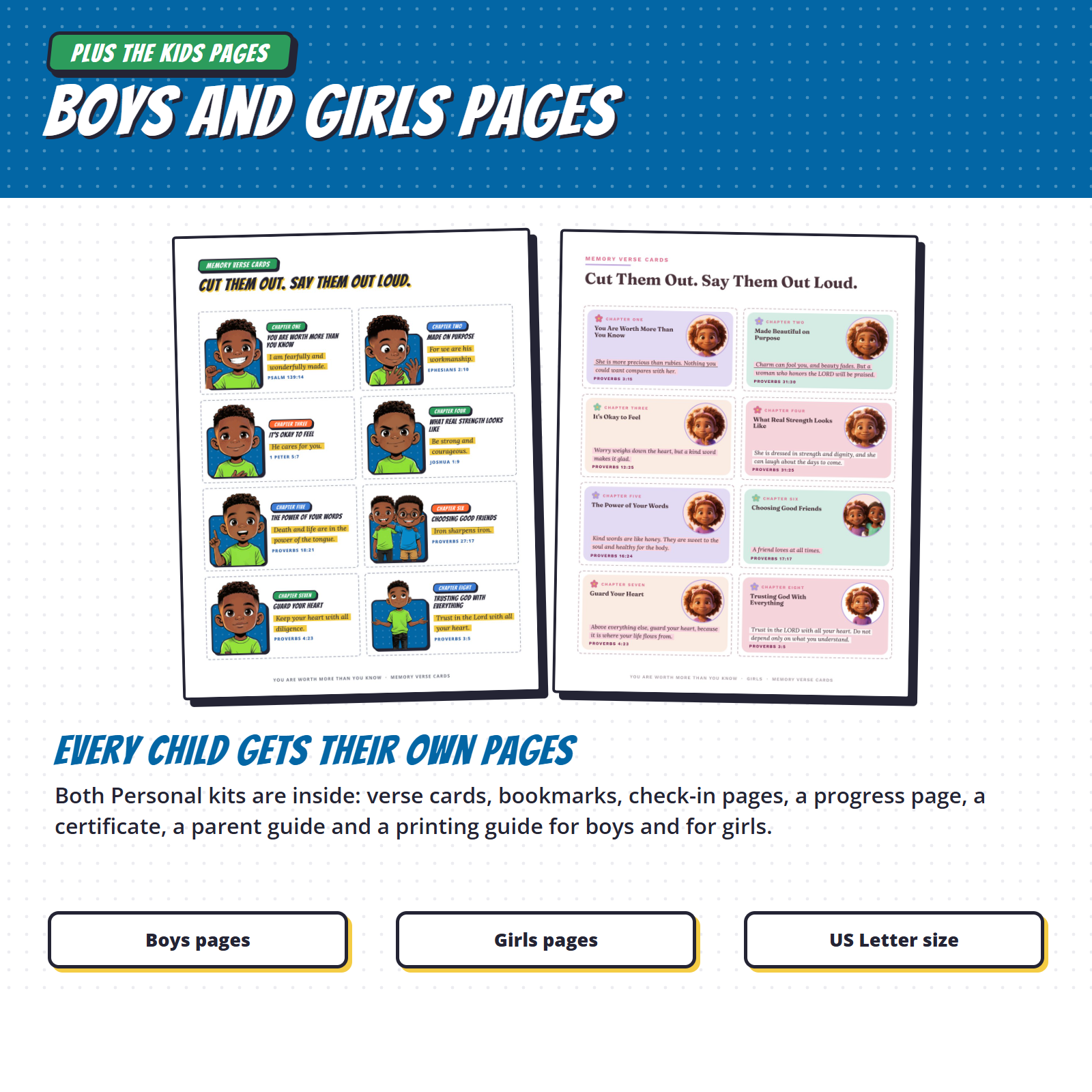 Boys and Girls memory verse cards included with the Group Kit
