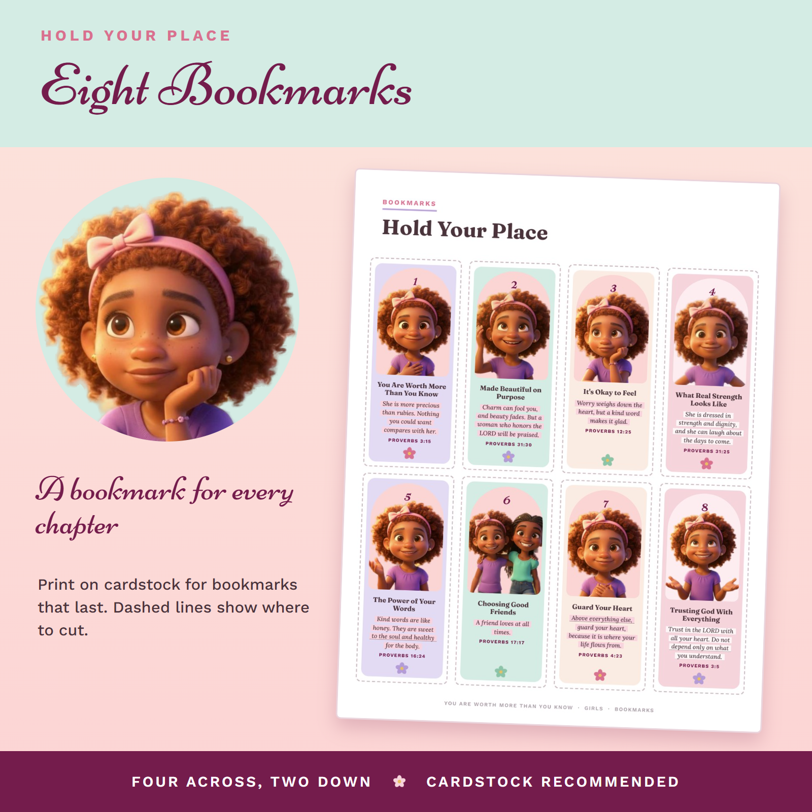 Eight printable bookmarks for girls, one per chapter, with Gracie and a memory verse on each
