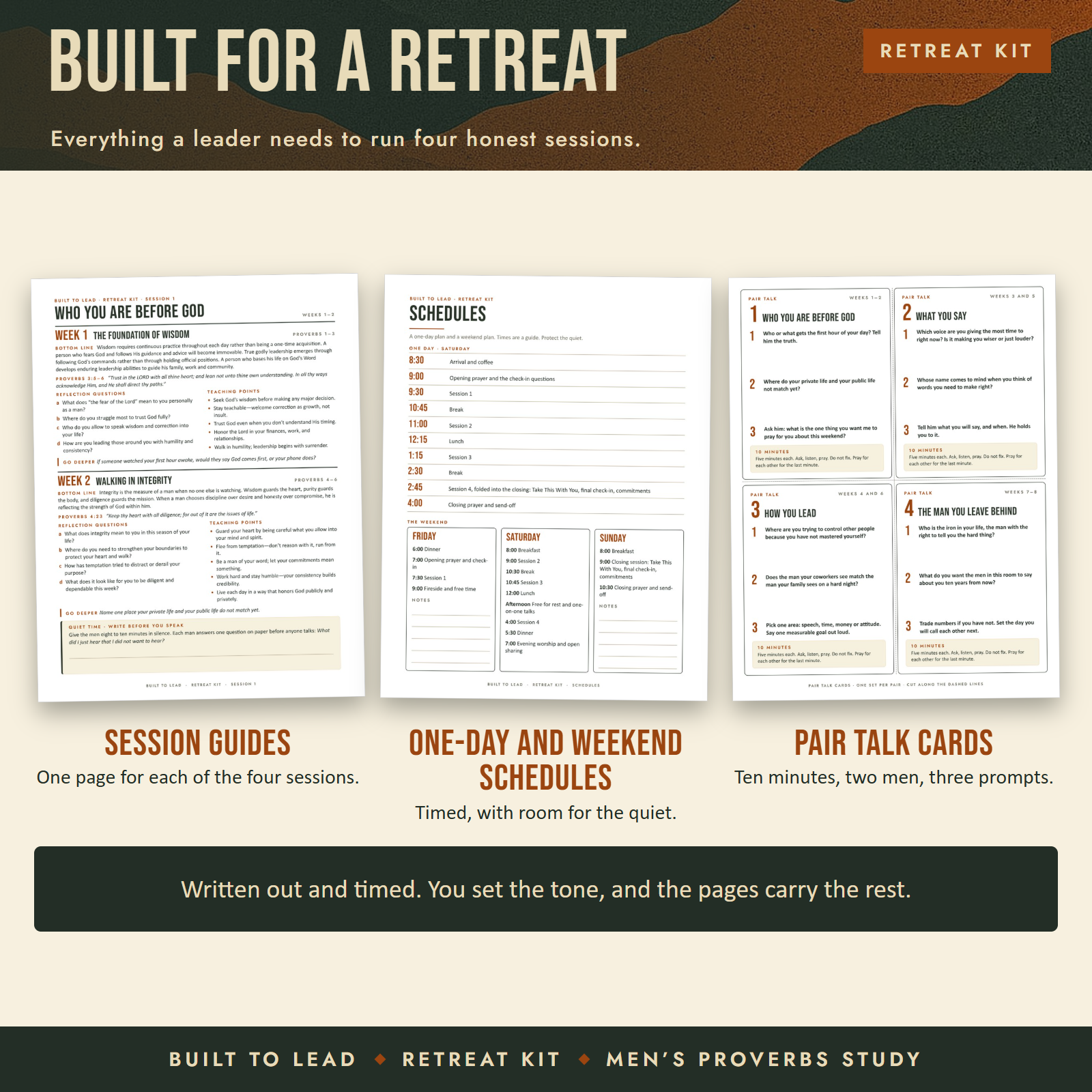 Built for a retreat: Session Guides, One-Day and Weekend Schedules, Pair Talk Cards, shown as printable pages.