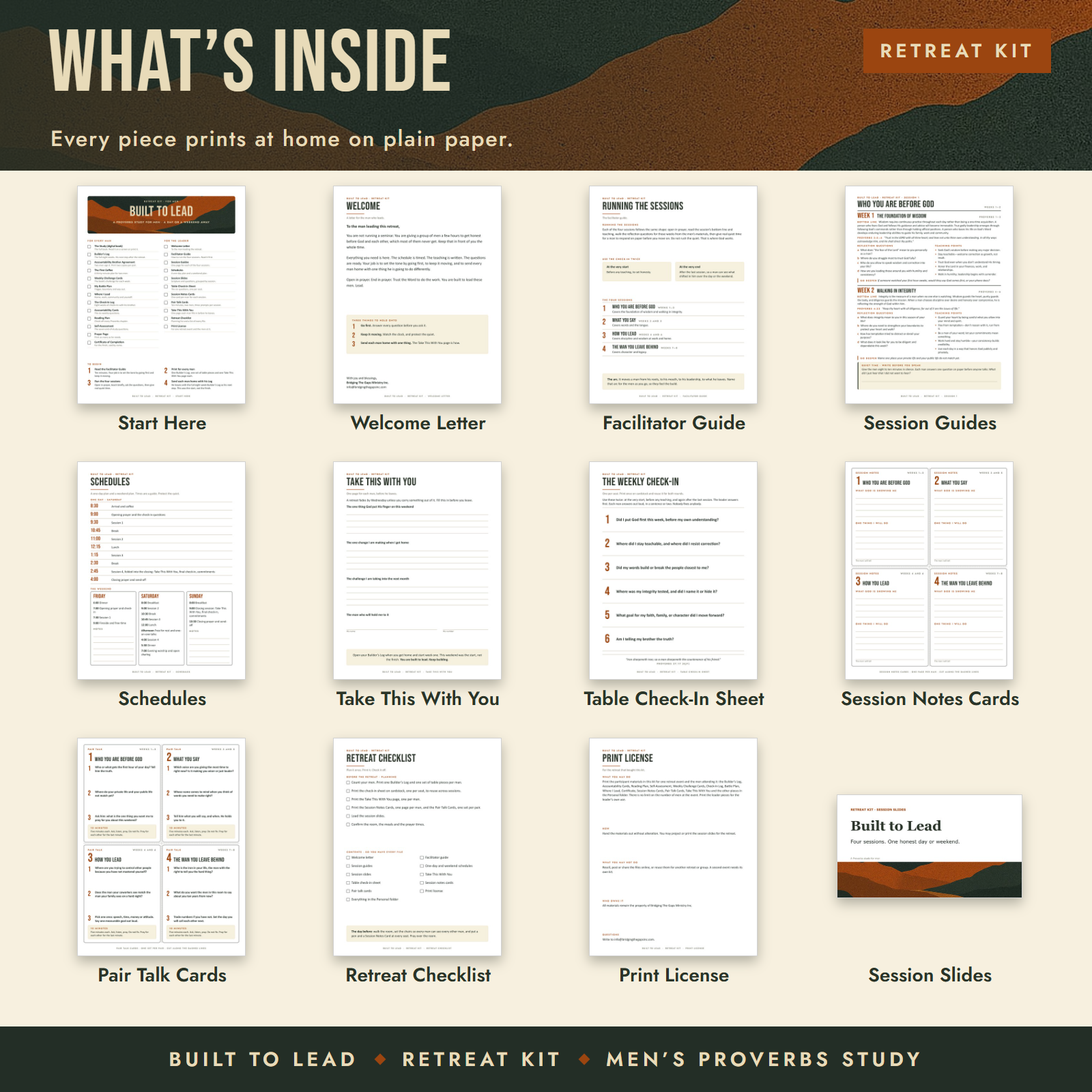 Contents of the Built to Lead Retreat Kit: thumbnails of every piece with its name underneath.