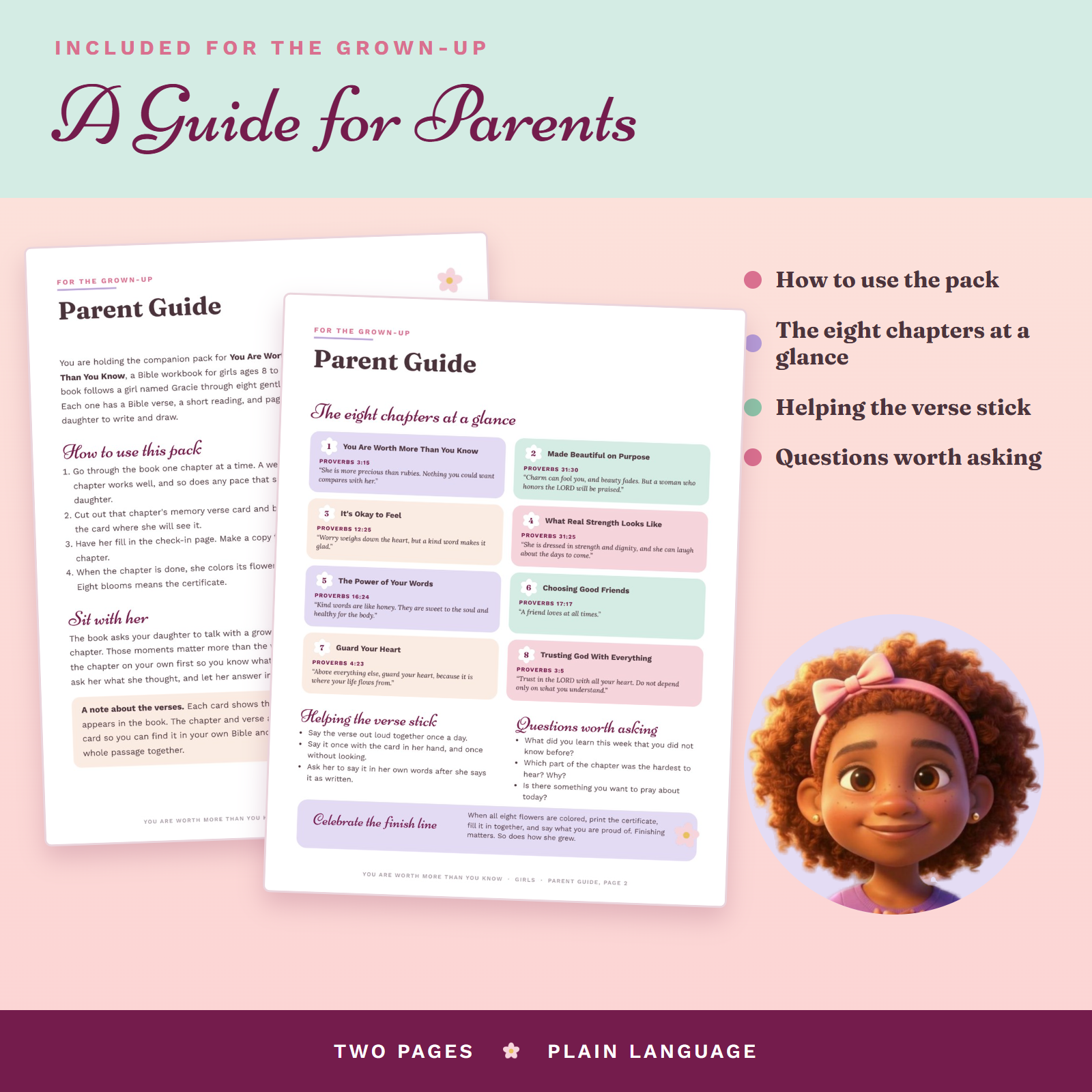 Two-page parent guide for the Girls Personal Kit: how to use the pack, the eight chapters, and questions to ask