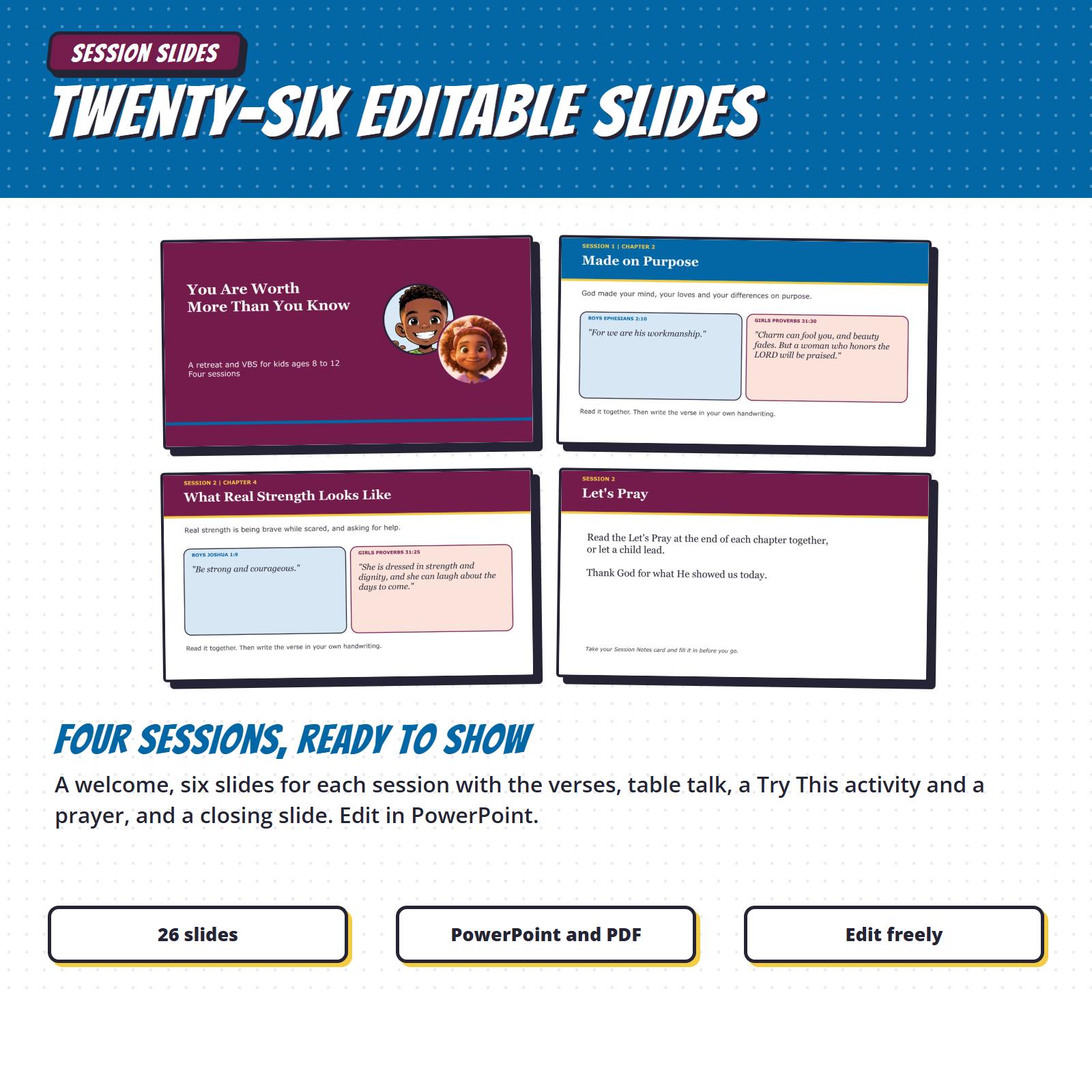 Twenty-six editable session slides in PowerPoint and PDF for a kids' retreat or VBS