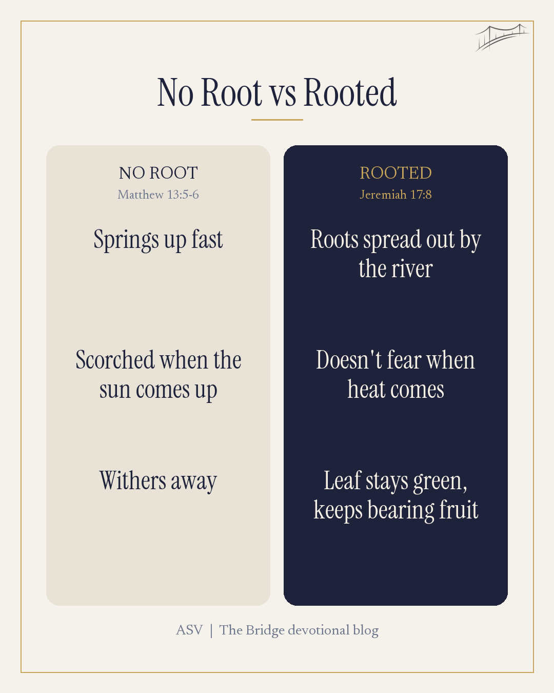 rooted faith vs no root comparison, Jeremiah 17 and Matthew 13
