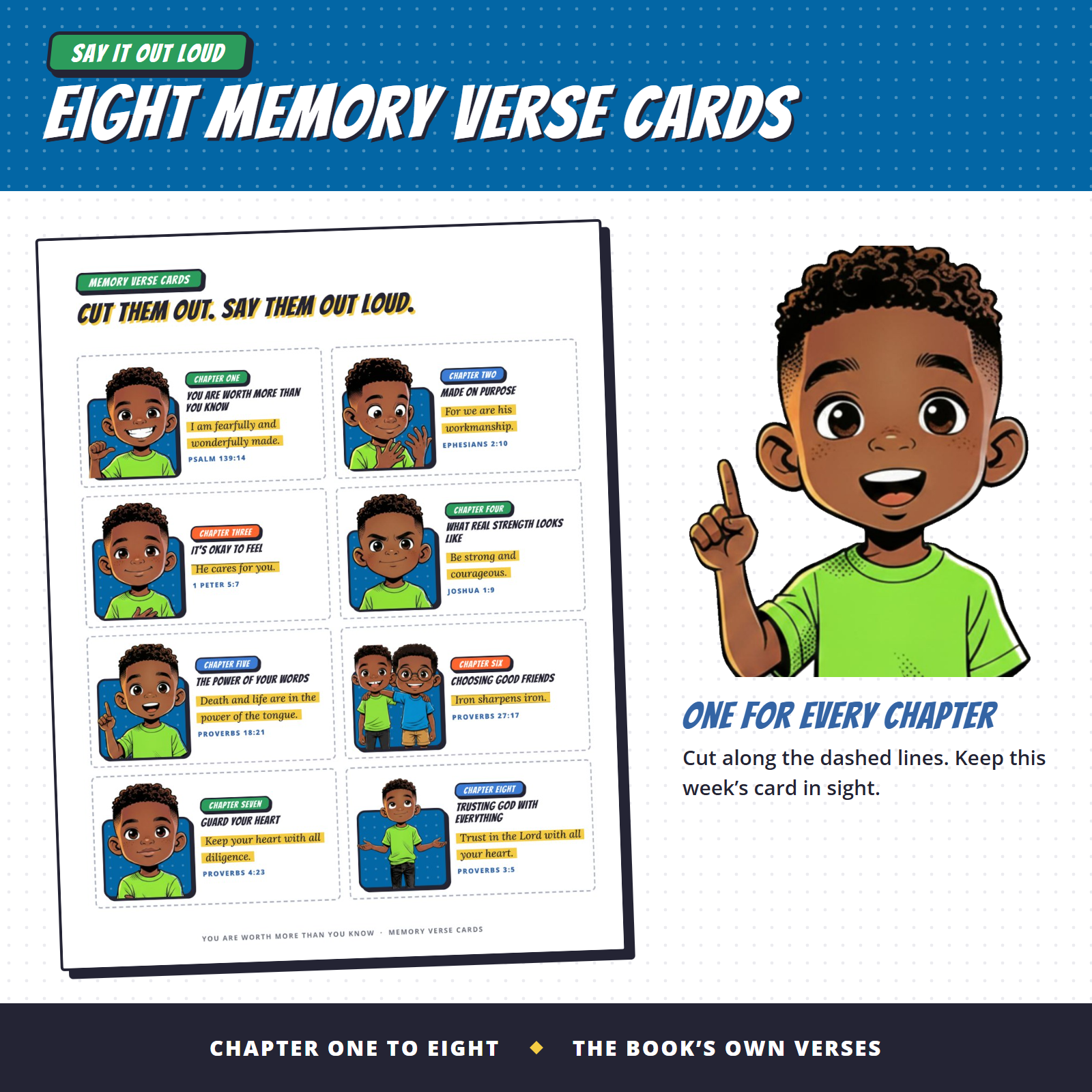 Eight memory verse cards for boys on one printable page, with Caleb and the book's own verses