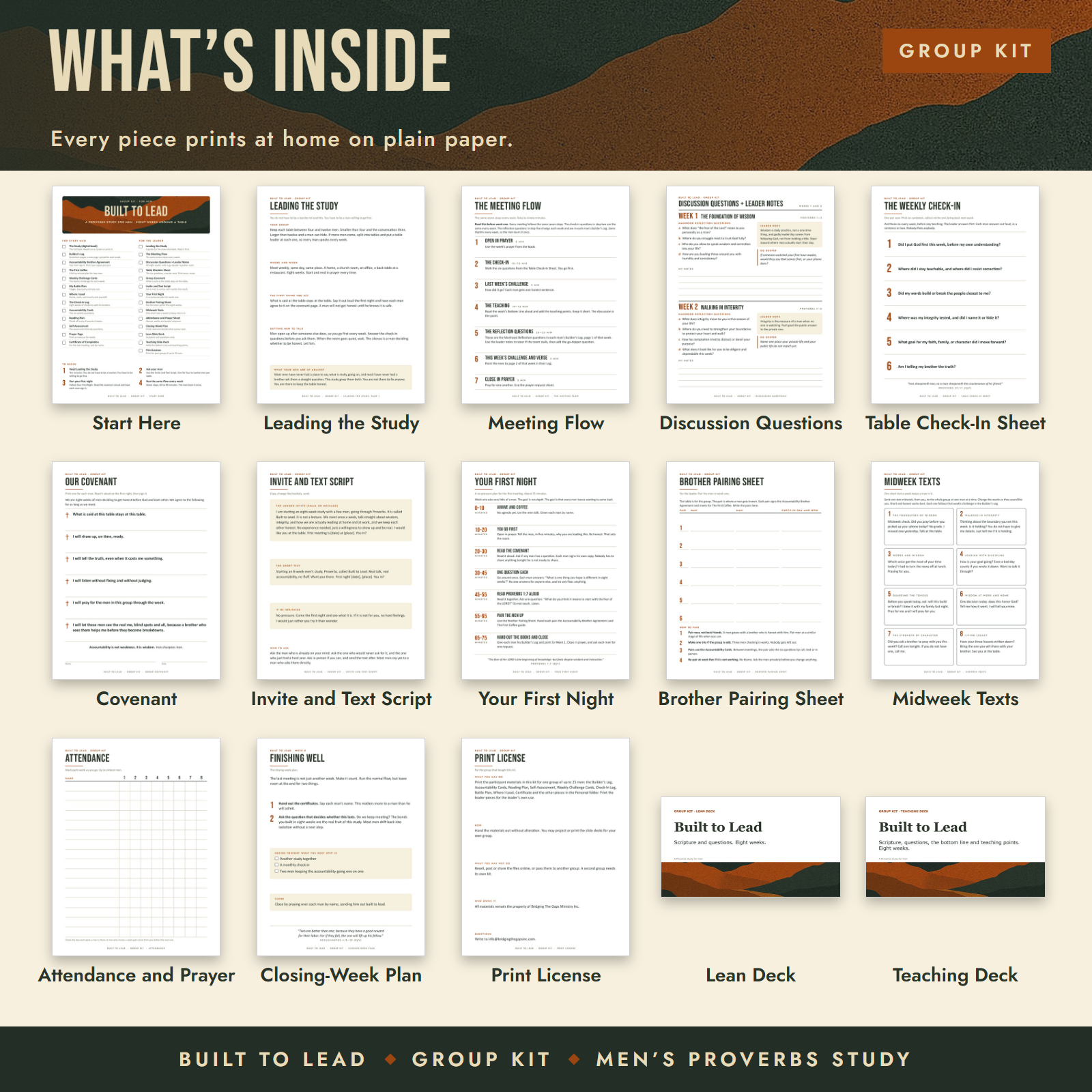 Contents of the Built to Lead Group Kit: thumbnails of every piece with its name underneath.