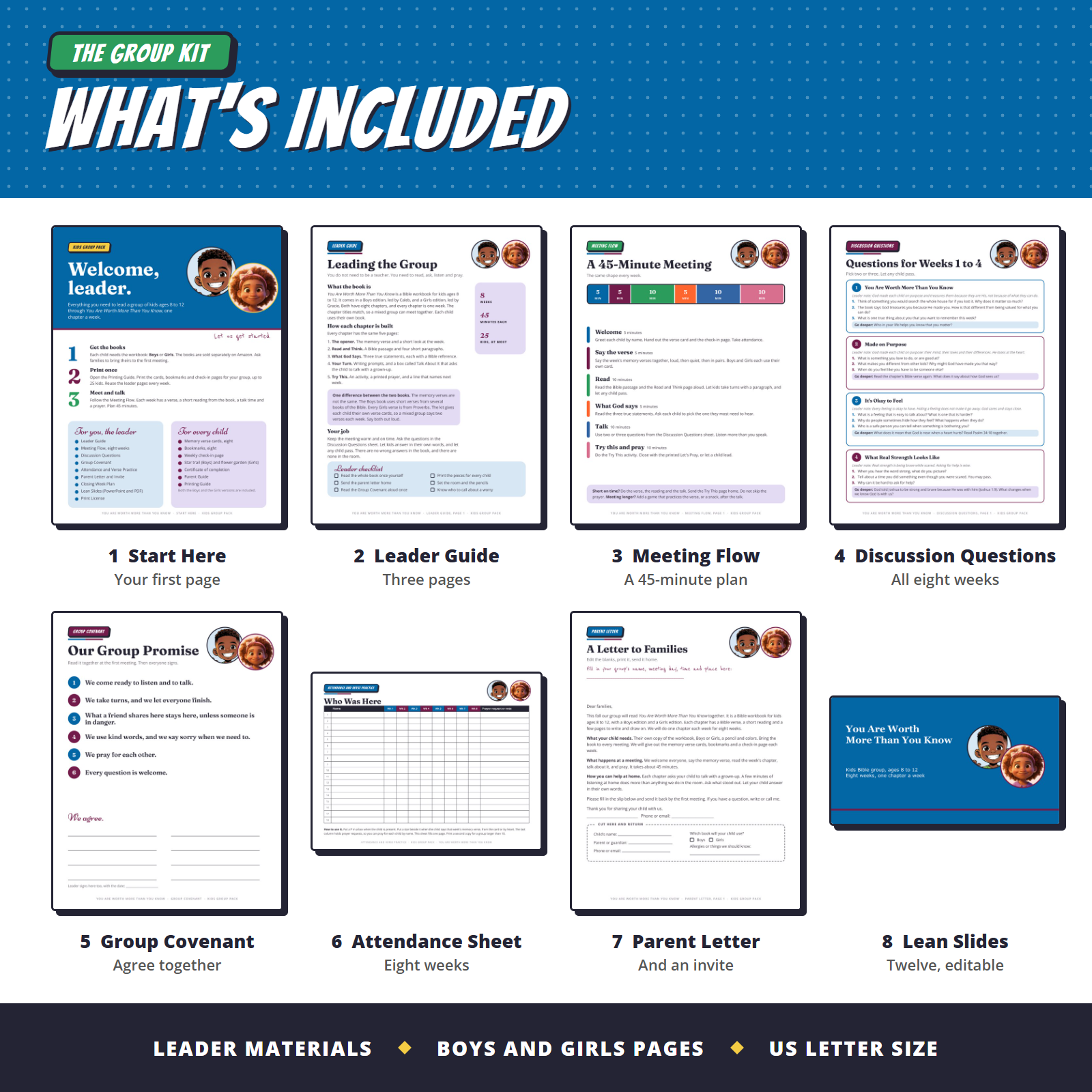 Kids Group Kit, what's included: leader guide, meeting flow, discussion questions, covenant, attendance sheet, parent letter and slides