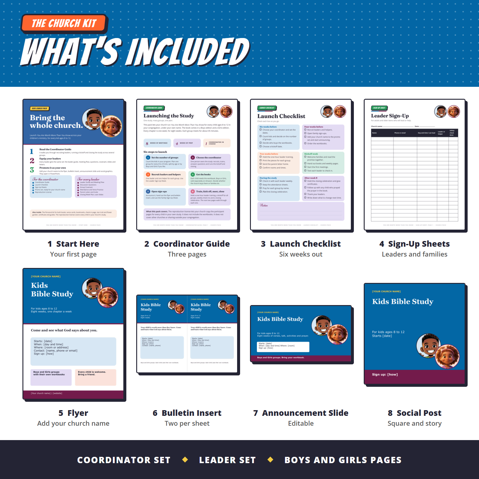 Kids Church Kit, what's included: coordinator guide, launch checklist, sign-up sheets and a promo set you can edit