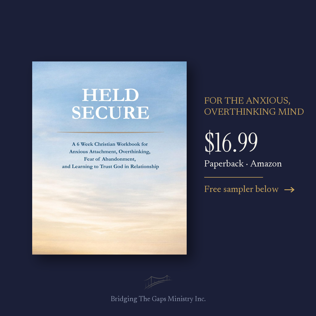 Held Secure book cover, a 6 week Christian workbook for anxious attachment and overthinking, $16.99 paperback on Amazon