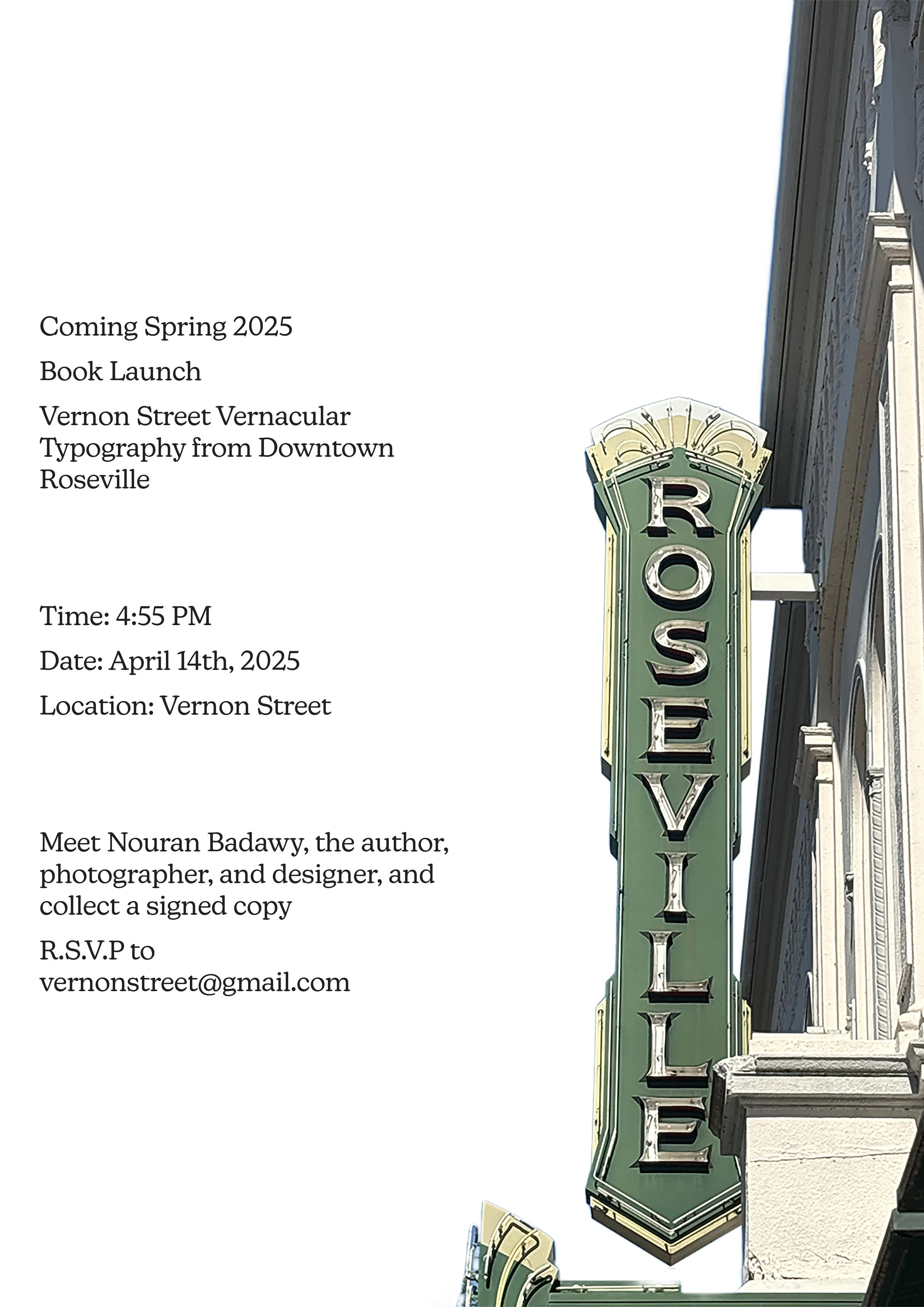 Nouran Badawy |
Vernacular Typography Booket Poster: Vernon Street in Downtown Roseville |
2024 |
InDesign |
11x17