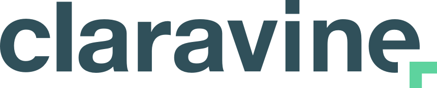 Claravine logo with the word 'claravine' in blue-green lowercase letters and a small green line accent.