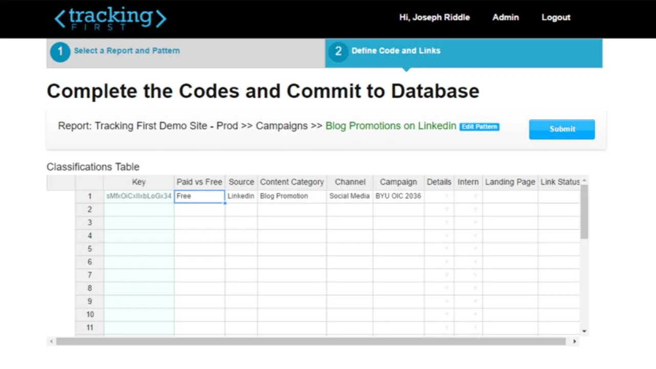 Screenshot of a web page for tracking campaign data with a table titled 'Classifications Table'. Fields include Key, Paid vs Free, Source, Content Category, Channel, Campaign, and more. A report path is highlighted: 'Tracking First Demo Site - Prod >> Campaigns >> Blog Promotions on LinkedIn'. Buttons for submitting and editing patterns are visible.