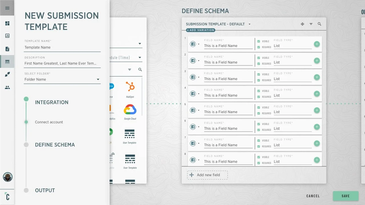 Screenshot of a software interface for creating a new submission template. Features include template name, description, folder selection, and integration options. The right side shows a schema definition with multiple fields labeled "This is a Field Name," each with visibility and requirement options, and field type set to "List." There are icons for software integrations, and options to add new fields and save the template.