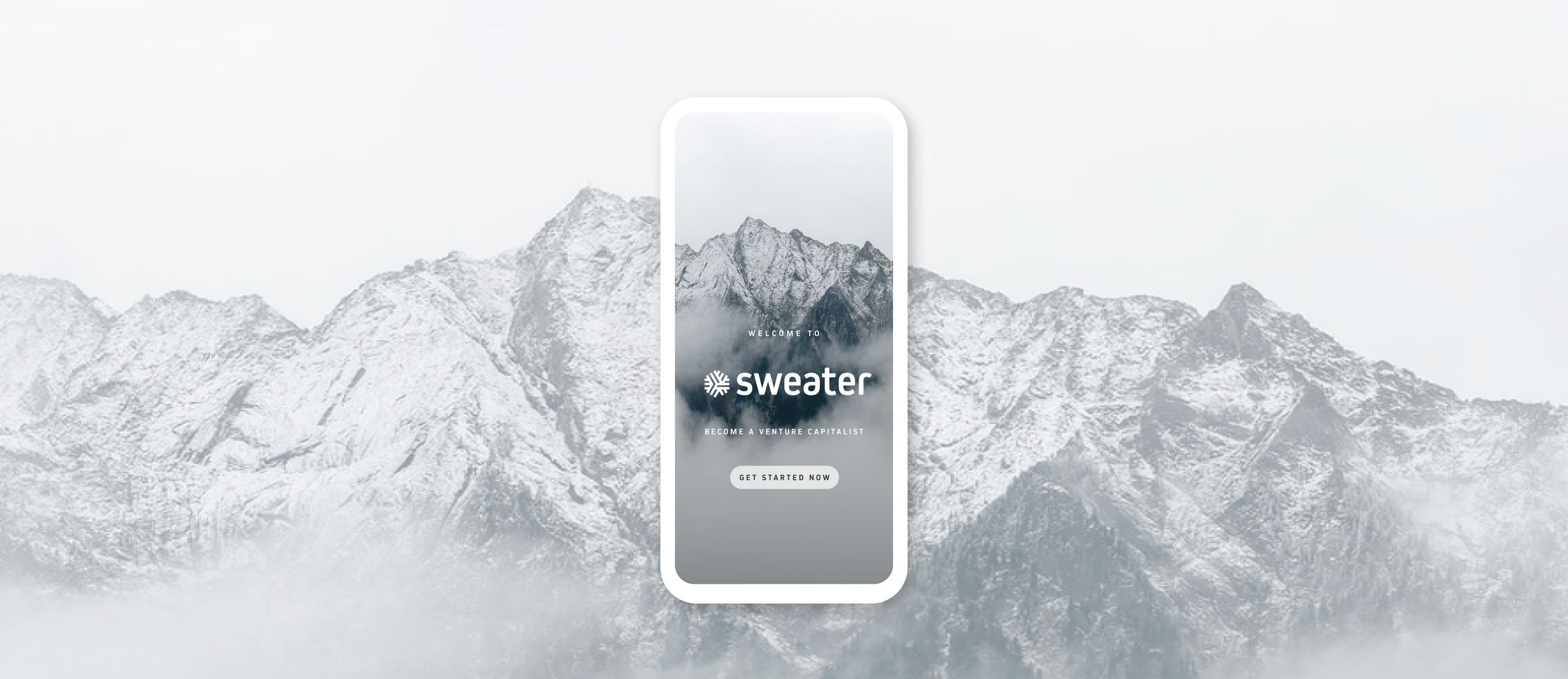Smartphone displaying a welcome screen for 'Sweater' with mountain scenery background, mountains covered in snow and mist, and a prompt to get started.