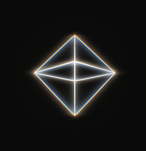 A glowing geometric diamond shape with neon outlines on a black background.