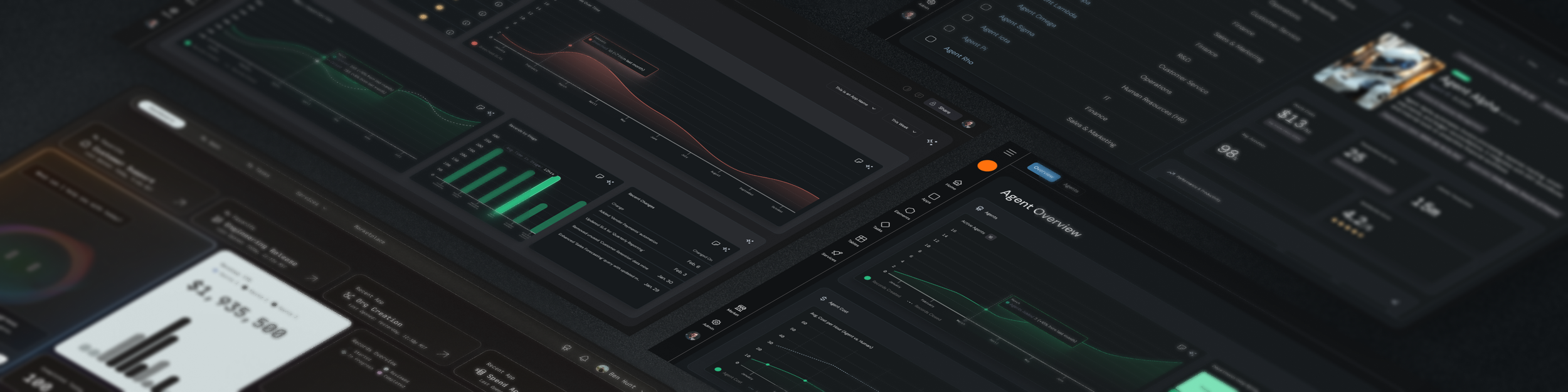 Multiple screens displaying data analytics and dashboards with graphs, charts, and metrics in a dark mode interface.