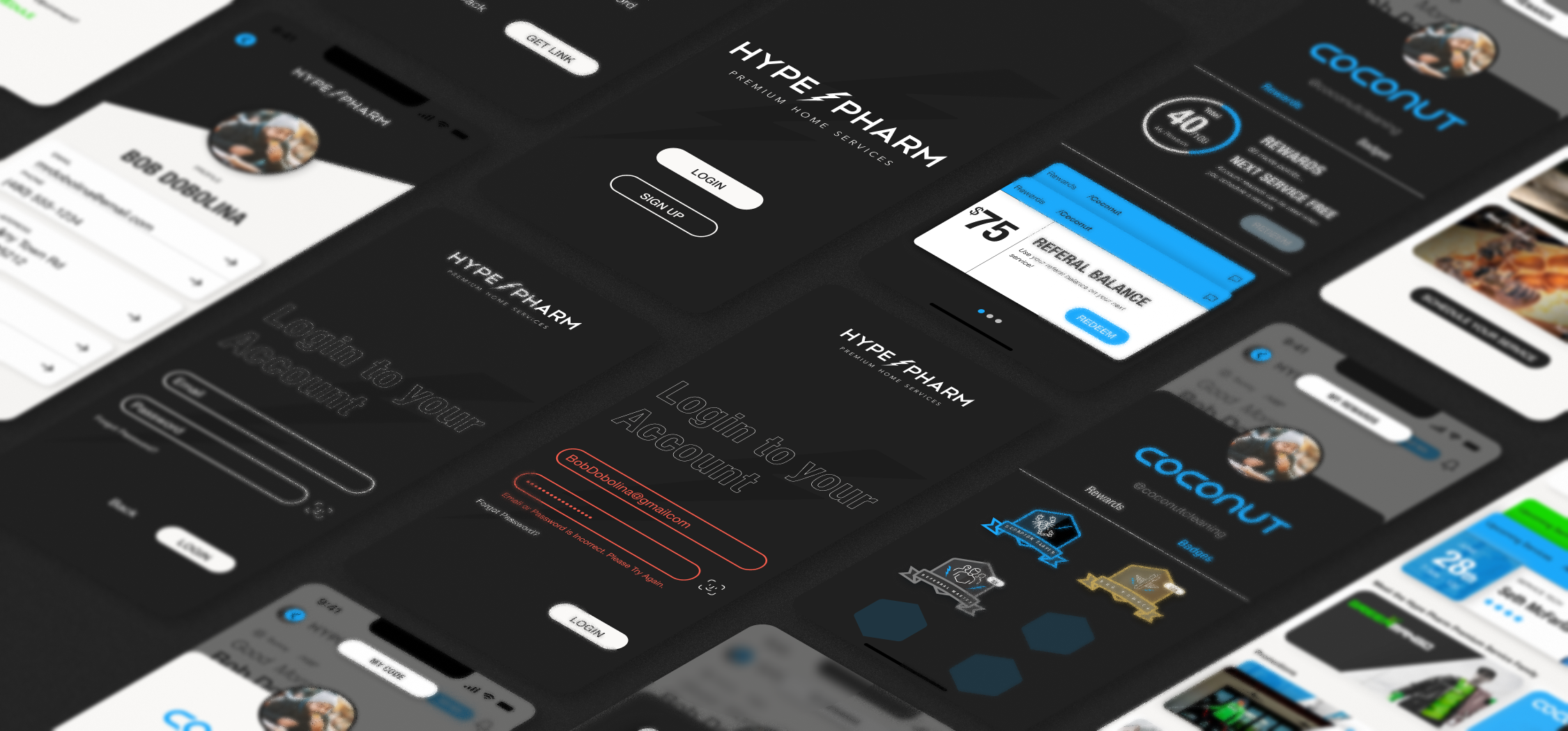 Collection of screenshots of a mobile app interface for Coconut, a wellness and health management app, showing login screens, dashboard with referral balance, and various features.