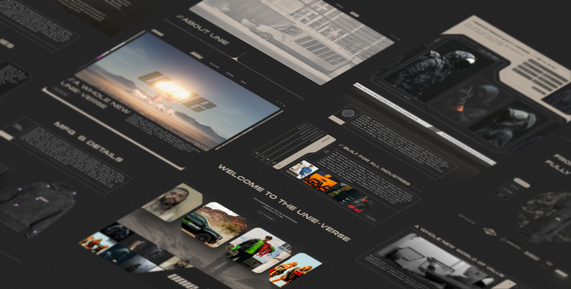 A dark-themed webpage layout with images and text about UNIE, featuring a large header image of a sunset over mountains and various photos of people and vehicles, including a sci-fi styled display of a vehicle.