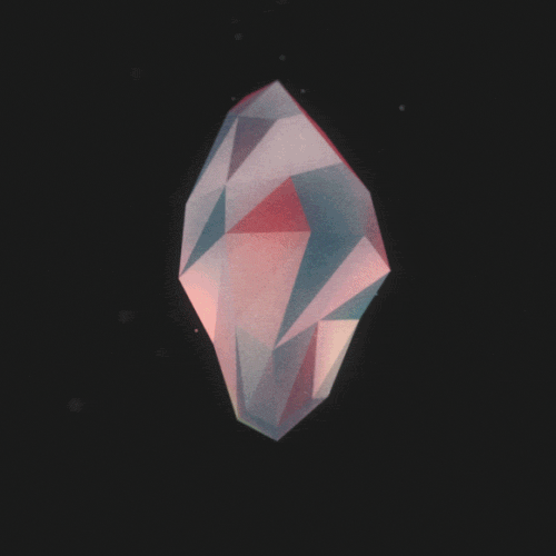 A geometric, crystalline-shaped gemstone against a dark background.