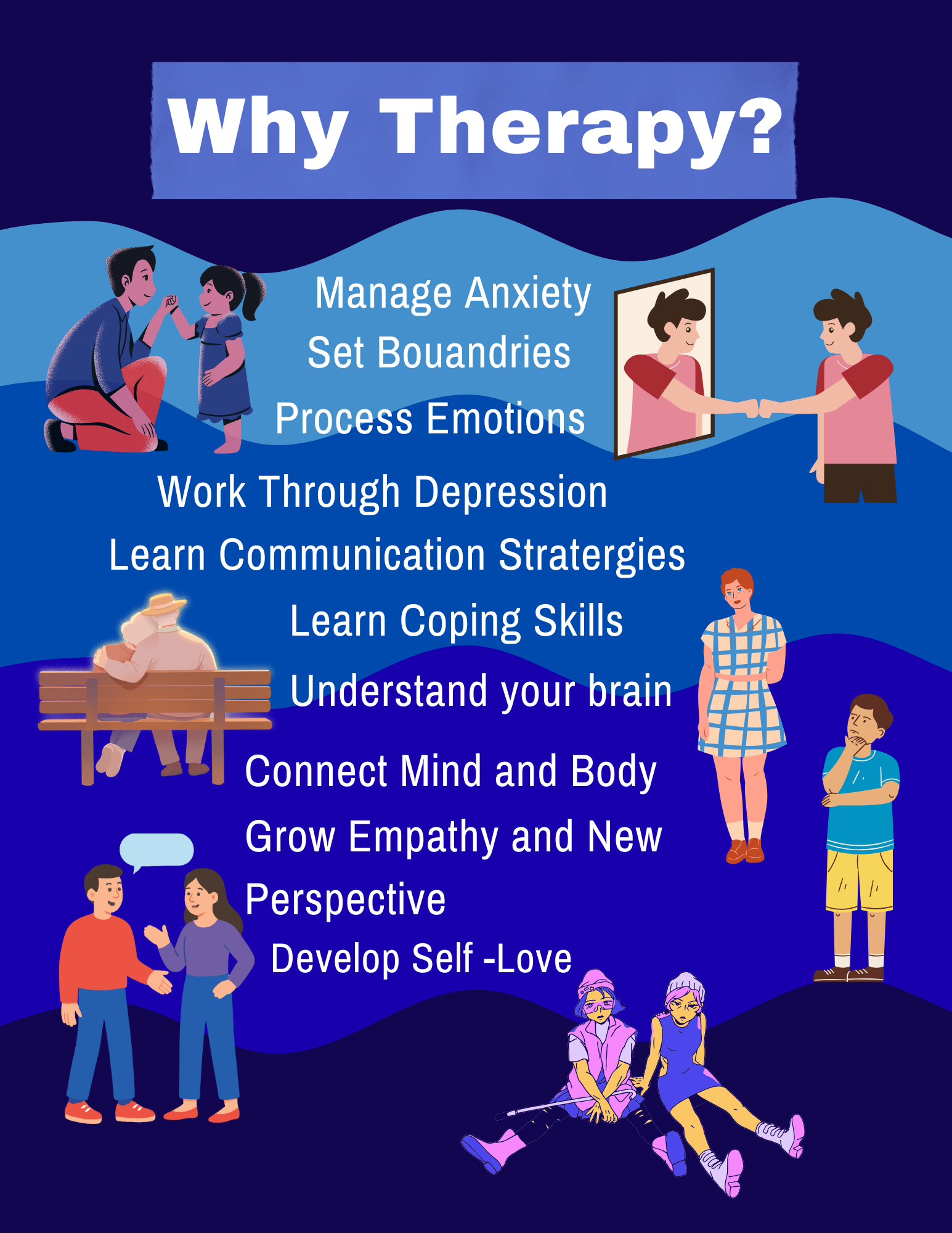 An infographic titled "Why Therapy?" listing benefits such as managing anxiety, setting boundaries, processing emotions, working through depression, learning communication strategies, developing coping skills, understanding your brain, connecting mind and body, growing empathy and a new perspective, and developing self-love. The image features illustrations of people engaging in various activities, including a person sitting on a park bench, two people talking, a parent and child interacting, and two children sitting together, some with physical activities like walking and hiking.