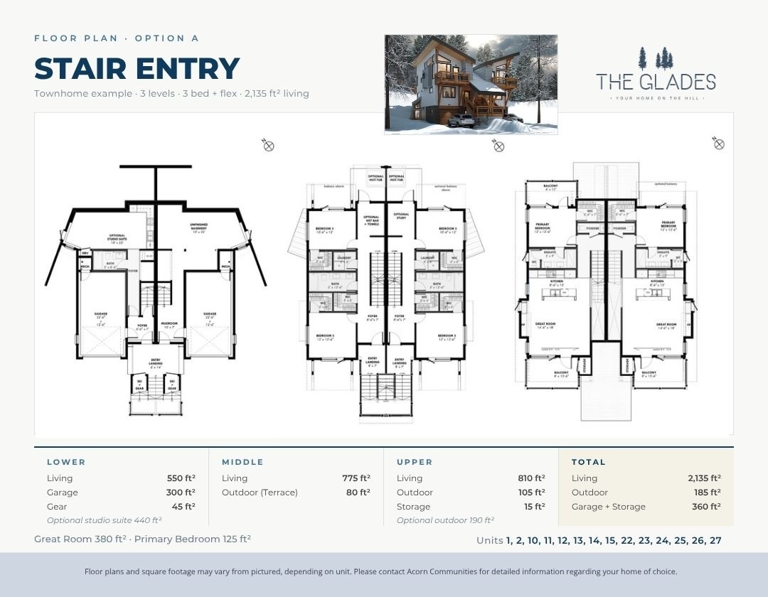 Floor plan spec sheet for The Glades Stair Entry townhome, Option A: three levels, 3 bed plus flex, 2,135 sq ft total living space, with lower, middle, and upper floor layouts and a square footage breakdown table.