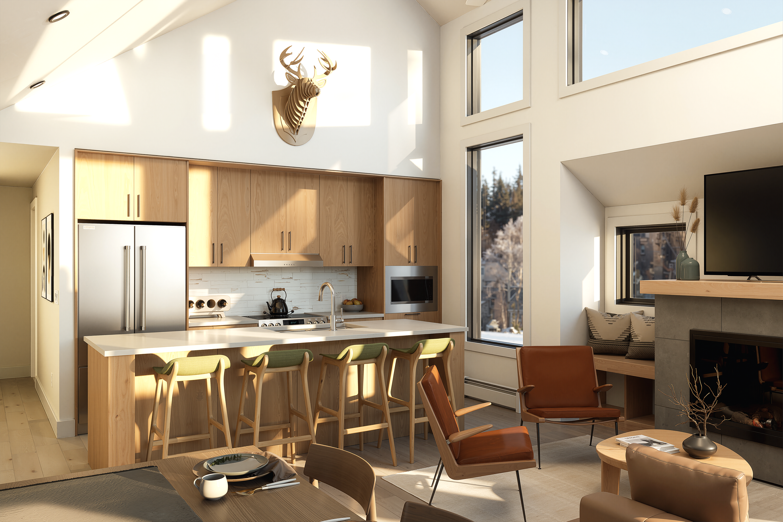 Open-concept kitchen, dining, and living area with vaulted ceilings, wood cabinetry, and floor-to-ceiling windows at a chalet-style home at The Glades, Big White.