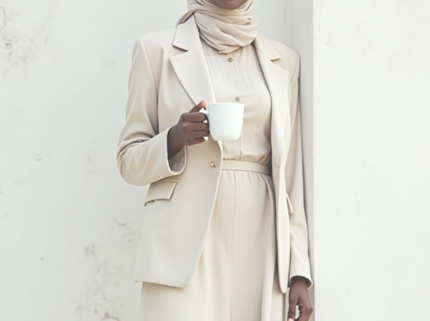 Person in beige suit holding white mug against light background.